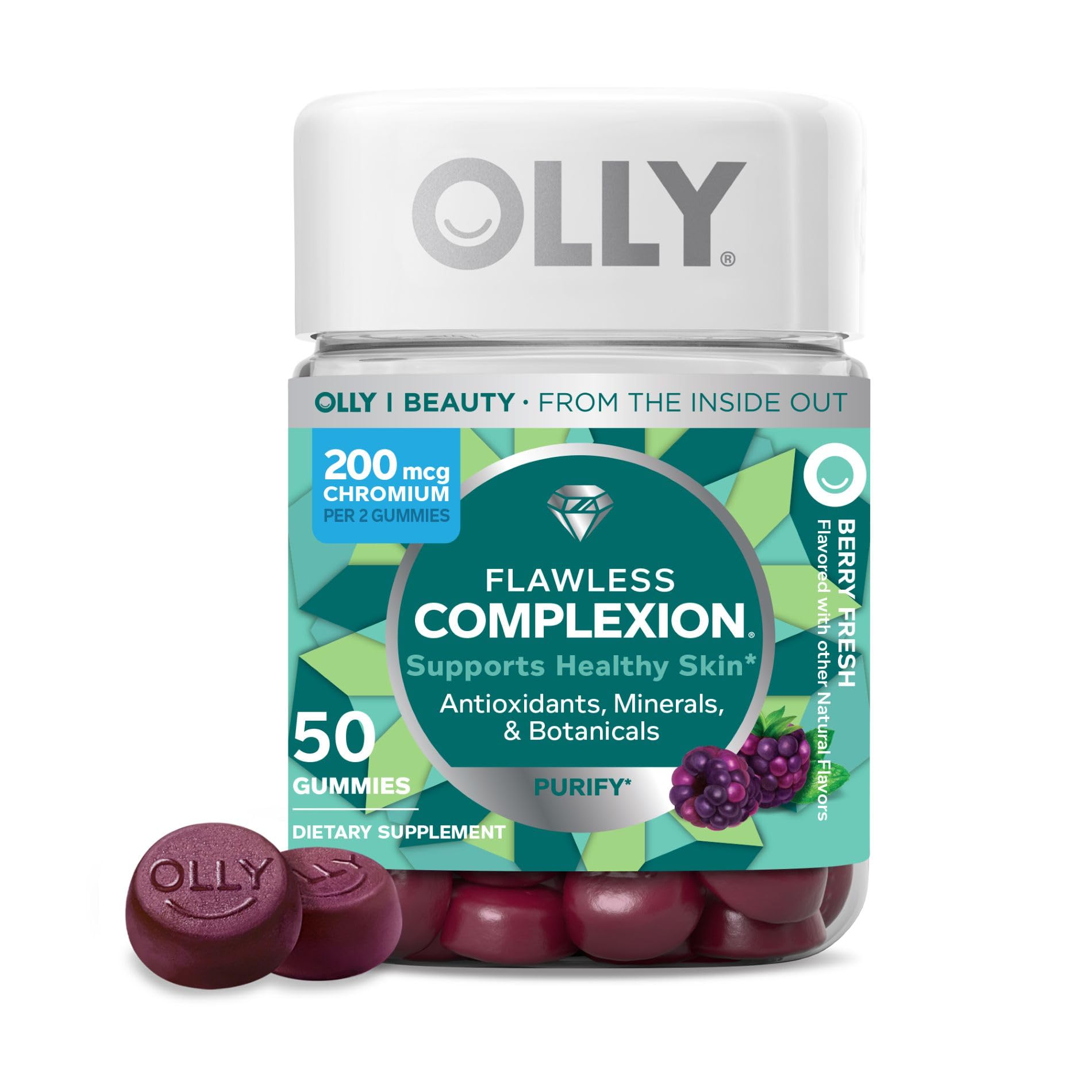 OLLY Flawless Complexion Gummy, Clear and Healthy Skin Support, Vitamins E, A, Zinc, Chewable Supplement, Berry - 50 Count (Pack of 1) OLLY buy supplements canada