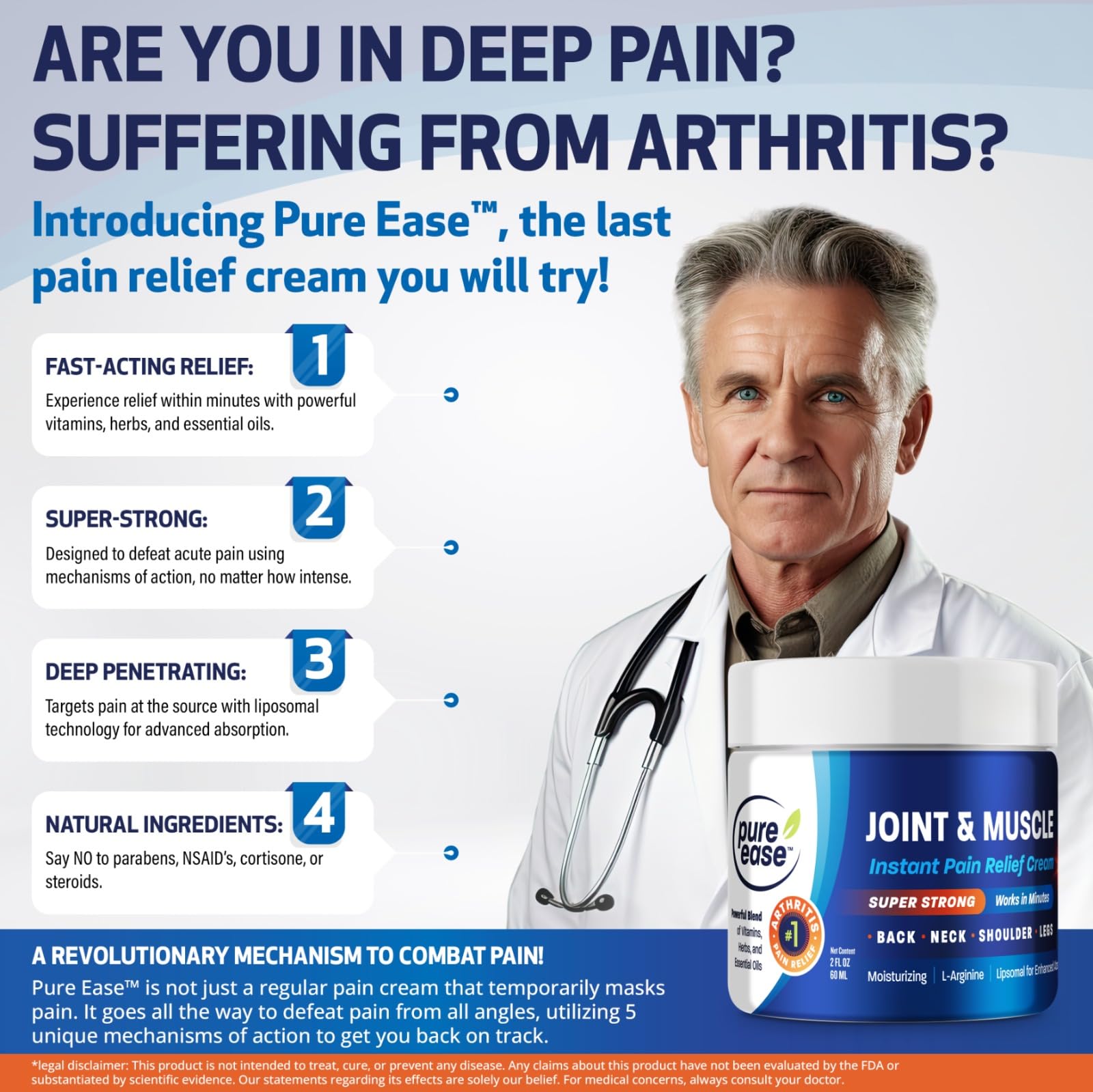 Pure Ease Arthritis Pain Relief Cream for Back 3 in 1 Maximum Instant Relief 2 OZ - Fast-Acting Muscle Pain Cream Extra Strength Joint & Knee - Powerful Formula for Neck Shoulder & Lower Back Pure Ease buy supplements canada