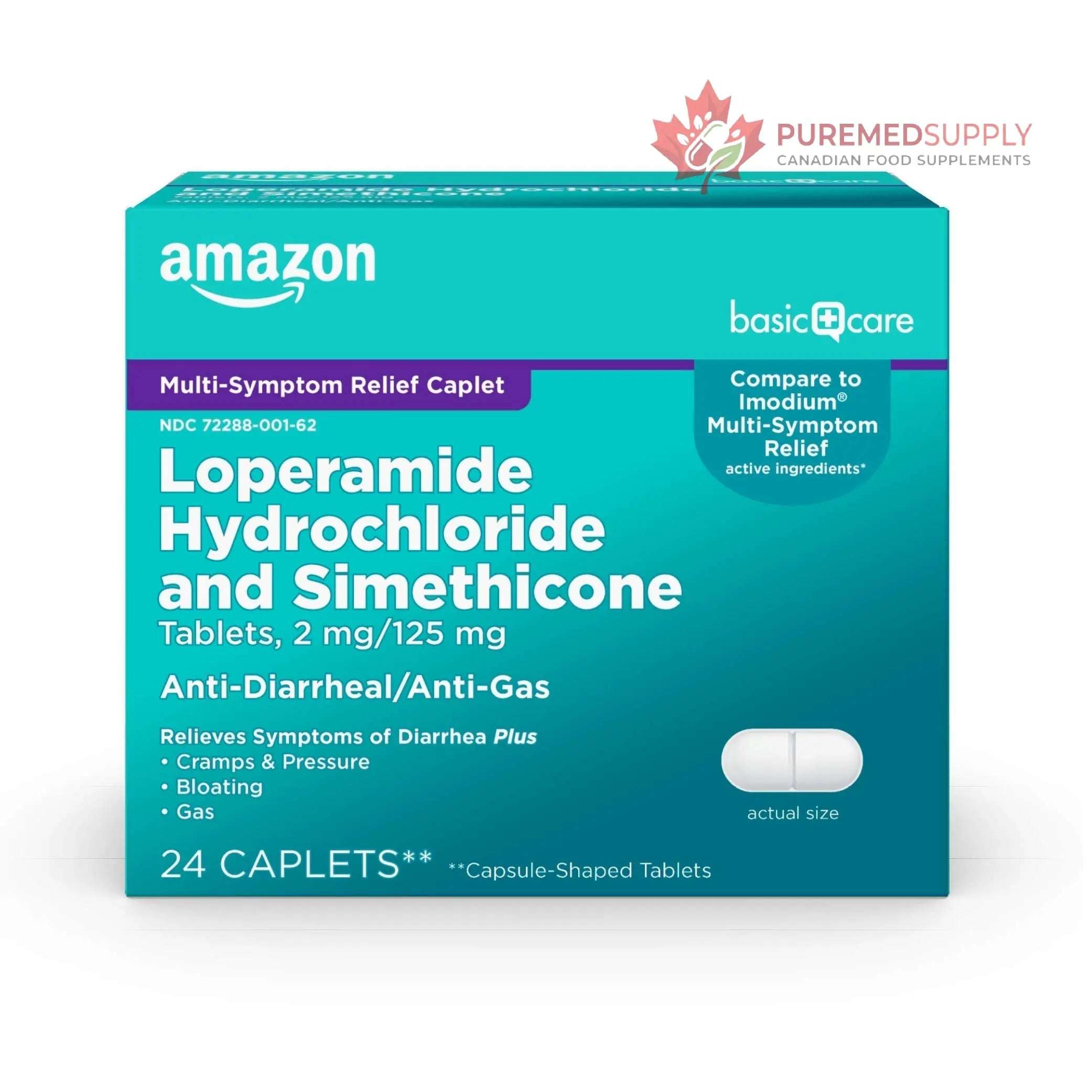 Amazon Basic Care Loperamide Hydrochloride 2 mg and Simethicone 125 mg Tablets, Multi-Symptom Relief, Anti-Diarrheal, Bloating and Cramps, Gas Relief, 24 Count Amazon Basic Care buy supplements canada