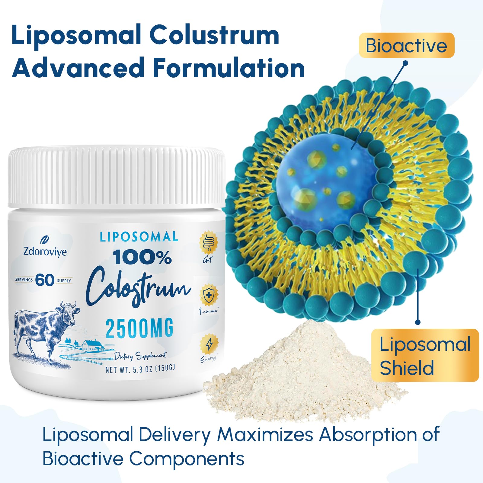 Zdoroviye Liposomal Bovine Colostrum Powder Supplement 2500 mg, Higher Absorption Than Regular Bovine Colostrum (60 Servings) Zdoroviye buy supplements canada