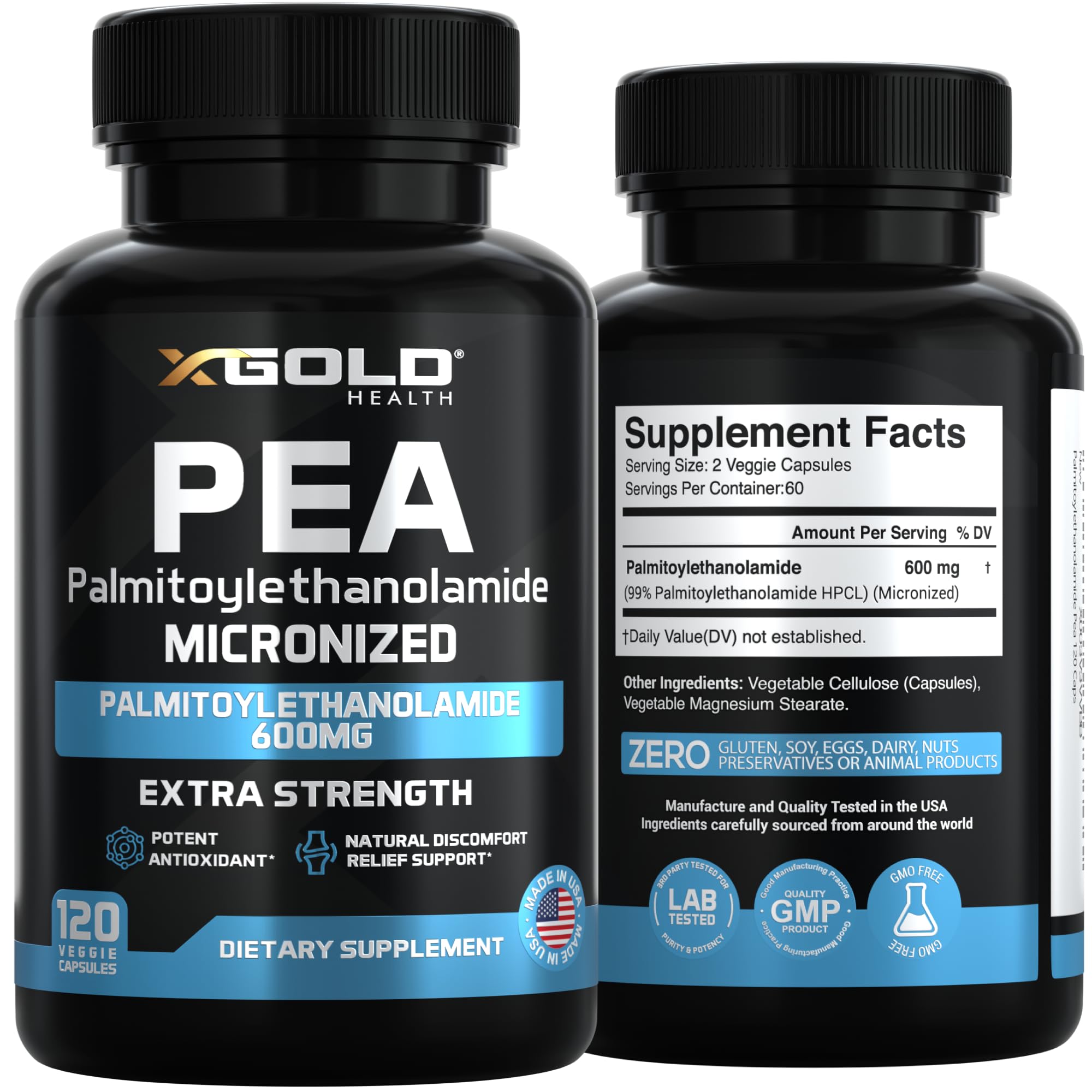 Palmitoylethanolamide Pea Supplement 600 mg | Micronized Pea 99% Highly Purified and Bioavailable | Made in USA | Supplement for Men and Women - 120 Capsules X Gold Health buy supplements canada