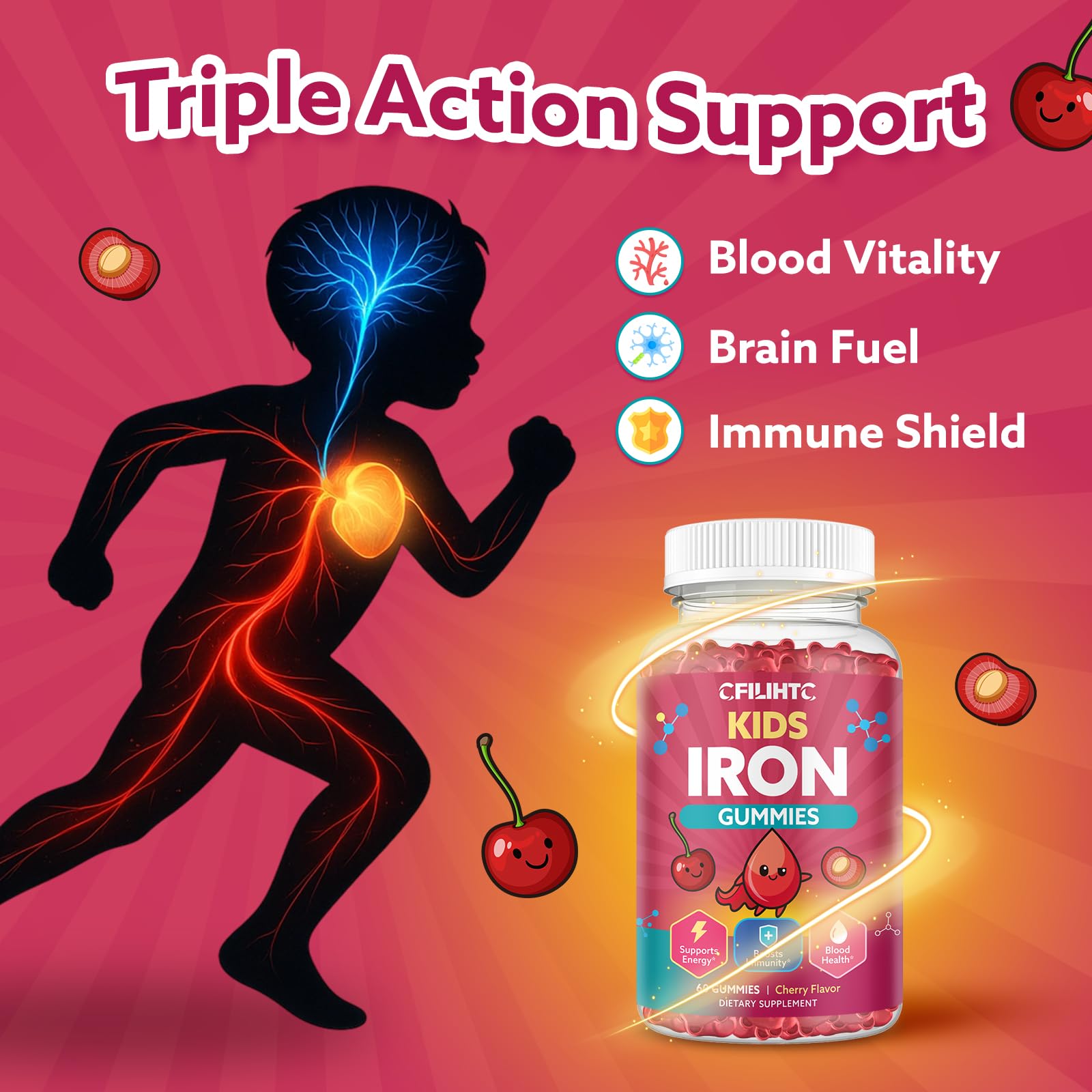 Iron Gummies for Kids & Teens, Kids Multivitamin with Iron Supplement, Calcium, Folate, Zinc, Prebiotic - for Blood Builder & Energy Support, Iron Deficiency - Vegan & Non-GMO - 60 Count Cherry CFILIHTC buy supplements canada