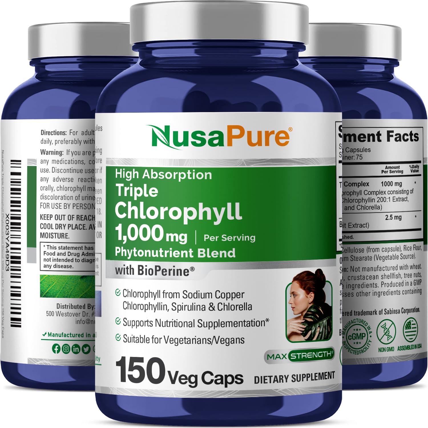 NusaPure High Absorption Triple Chlorophyll 1000 mg 150 Veg Caps Suitable for Vegetarians and Vegans, Non-GMO NusaPure buy supplements canada