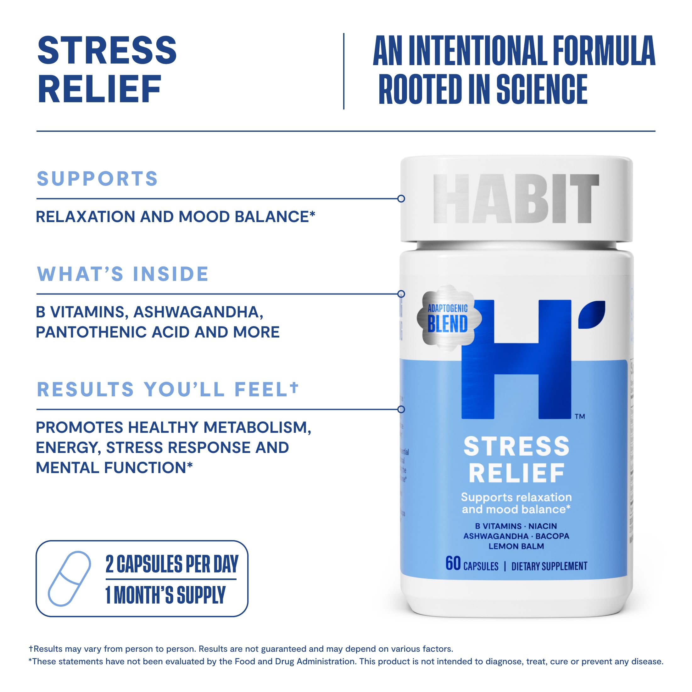 Habit Stress Relief Supplement (60 Capsules) - New Look, Supports Relaxation & Mood Balance, Vitamin B, Adaptogens, Lemon Balm, Calming, Vegan, Non-GMO (1 Pack) H' Habit buy supplements canada