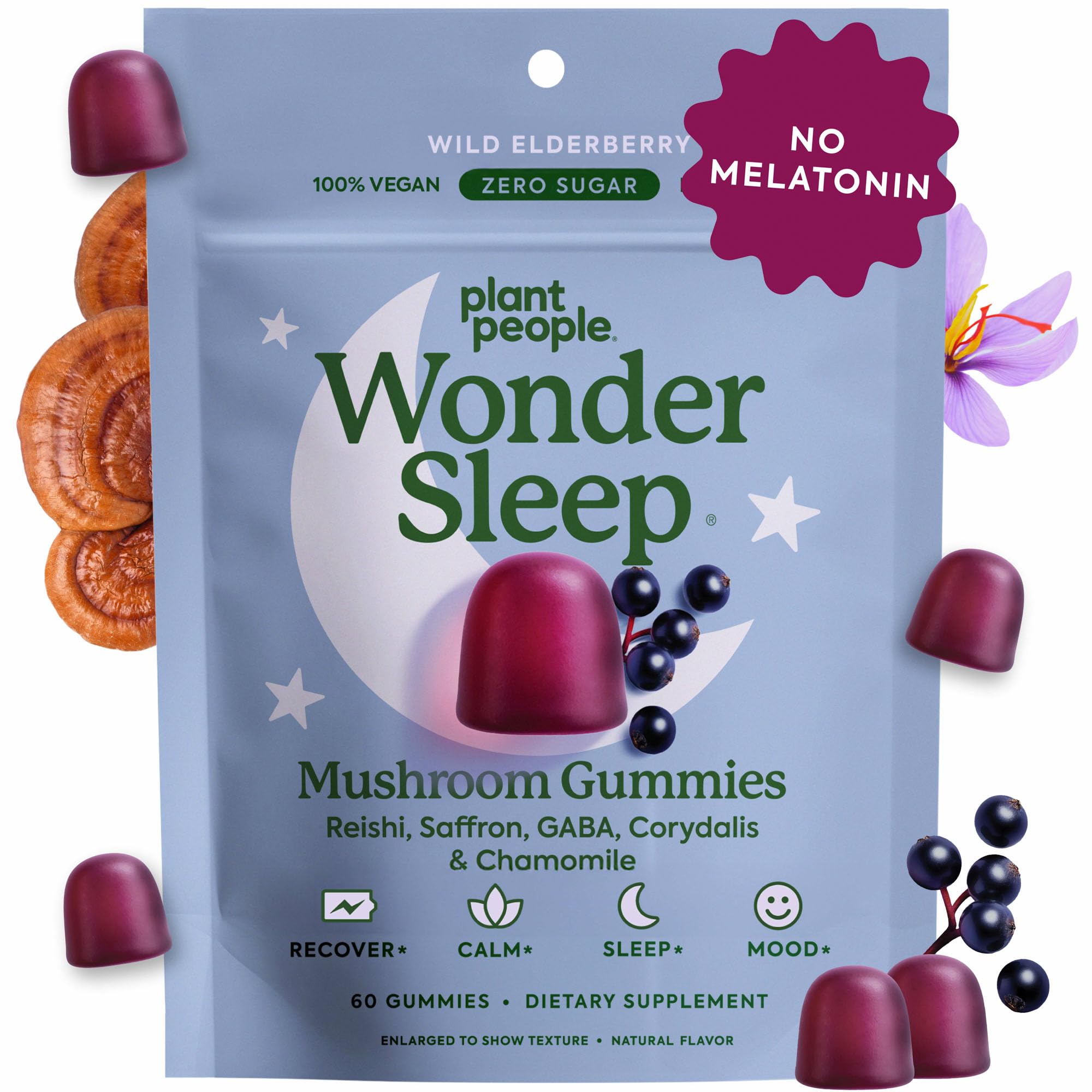 Plant People WonderSleep Mushroom Gummies Supplement for Sleep, No Melatonin with Reishi Super Mushrooms, Wild Elderberry Flavor, Sugar-Free (60 Count) Plant People buy supplements canada