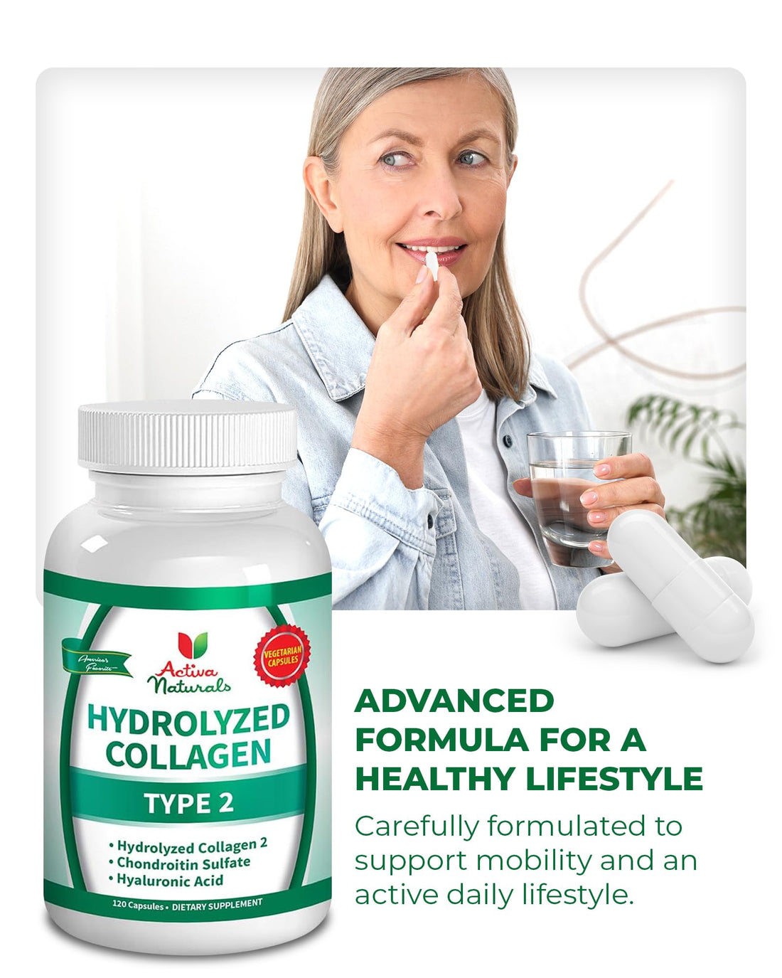Activa Naturals Collagen Type 2 Hydrolyzed Supplement with Chondroitin and Hyaluronic, for Healthy Hair, Skin, and Nails, No Fillers, Additives, and No Artificial Colors - 120 Vegetarian Capsules Activa Naturals buy supplements canada