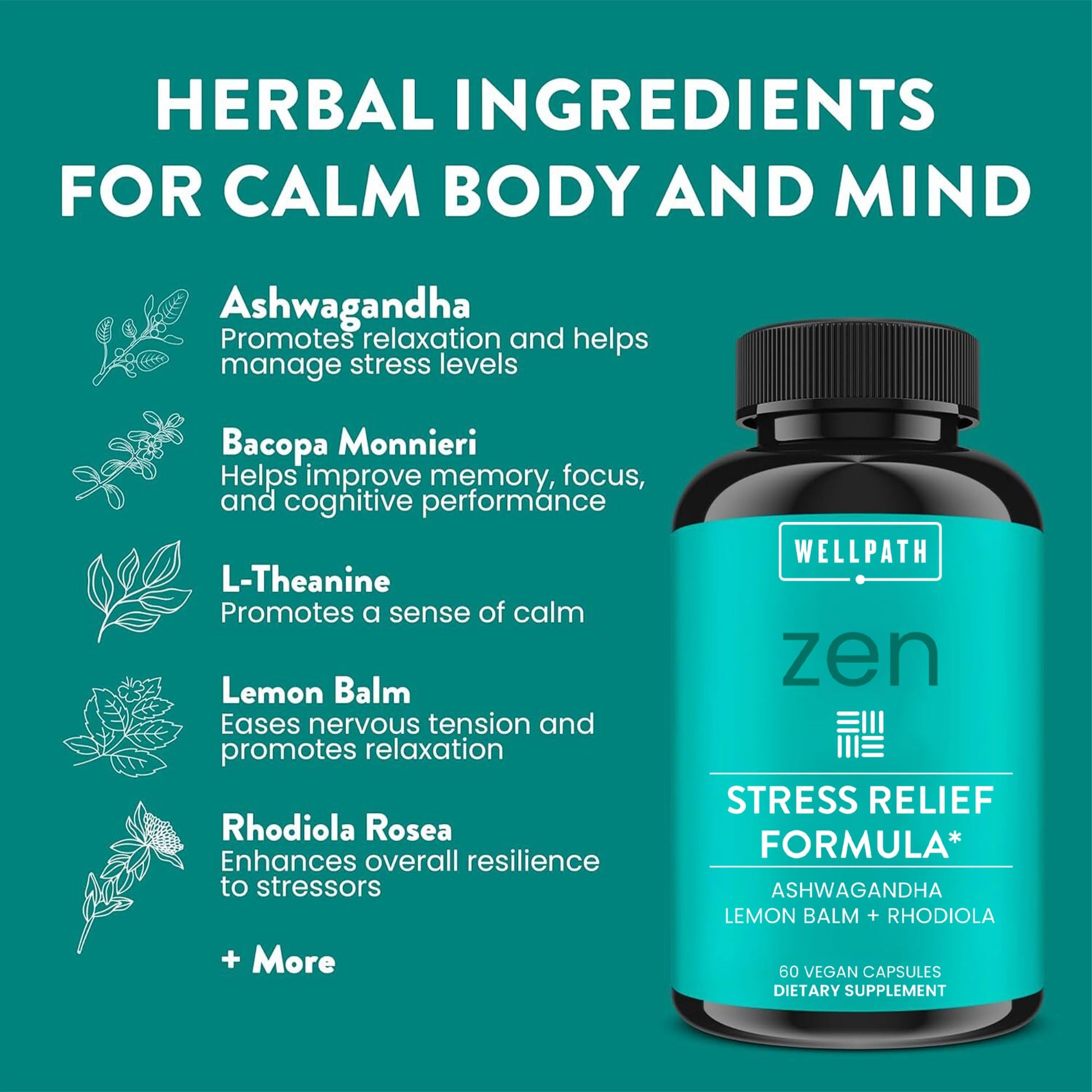 WellPath Zen Stress Relief Supplement + Mood Support | Calm, Stress & Energy Support | Ashwagandha Root, Rhodiola Rosea, L-Theanine, Lemon Balm | Herbal Capsules, 60 Ct WellPath buy supplements canada