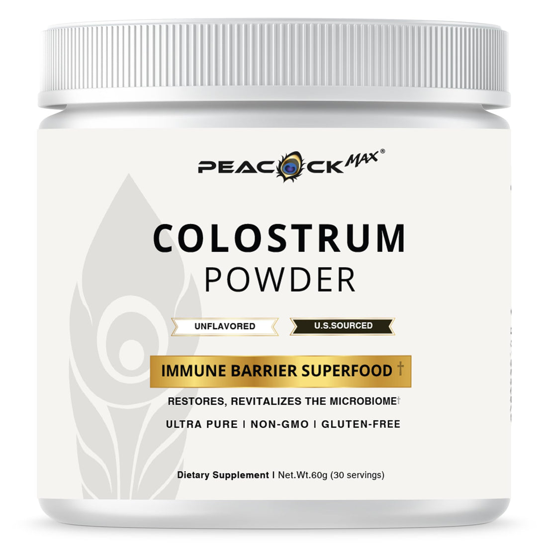 Peacock Max Colostrum Powder – 60g (30 Servings), Unflavored Bovine Colostrum Supplement, Superfood for Hair, Skin & Gut Health, Gluten-Free, Non-GMO Peacock Max buy supplements canada