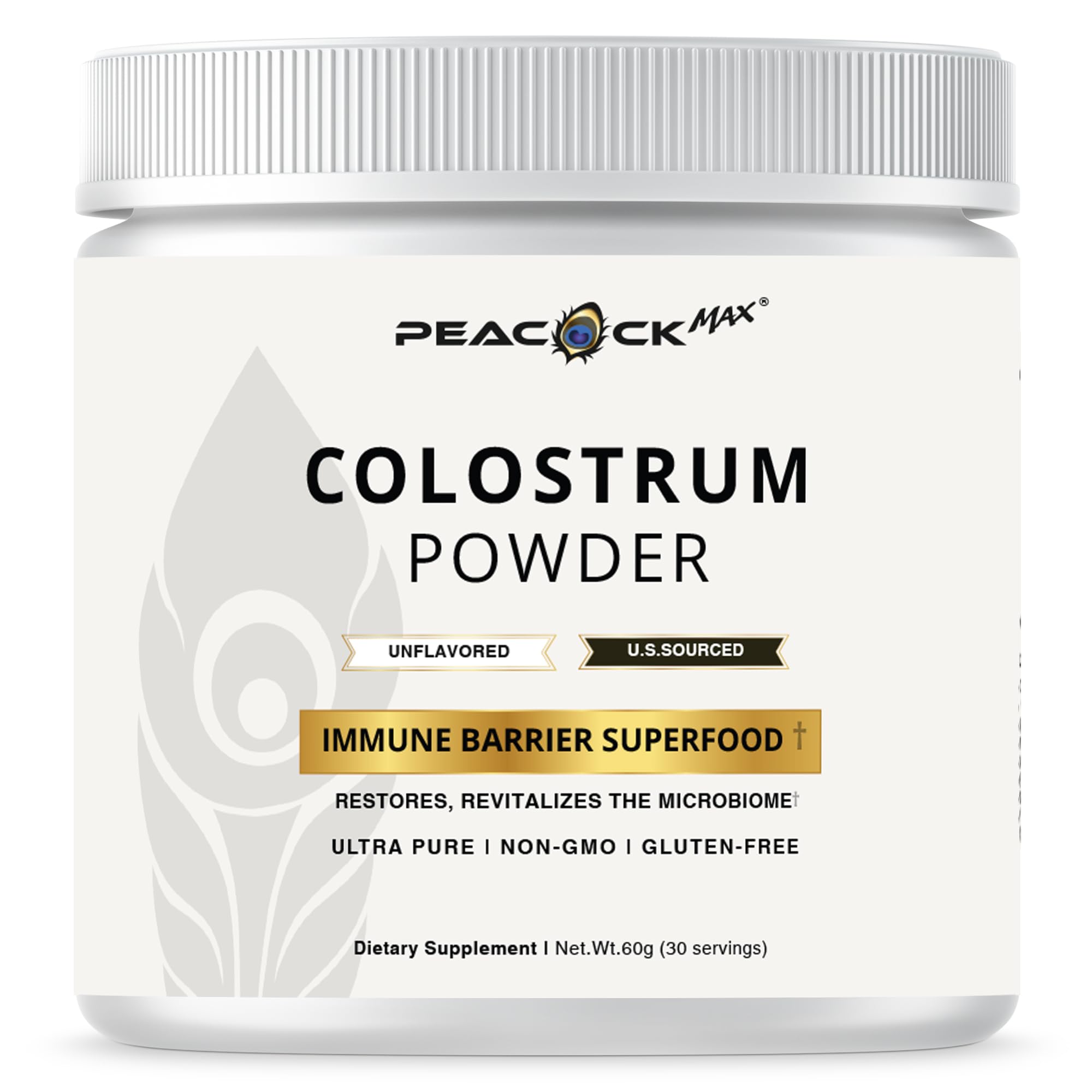 Peacock Max Colostrum Powder – 60g (30 Servings), Unflavored Bovine Colostrum Supplement, Superfood for Hair, Skin & Gut Health, Gluten-Free, Non-GMO Peacock Max buy supplements canada