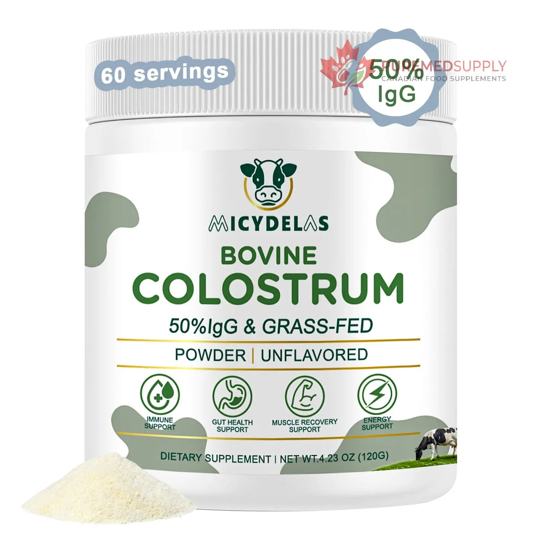 MICYDELAS Bovine Colostrum Supplement Powder 50% IgG Premium Bovine Colostrum for Gut Health Support, Immune Support, Muscle Recovery & Overall Wellness, Grass Fed, Non-GMO, Unflavored, 60 Servings MICYDELAS buy supplements canada