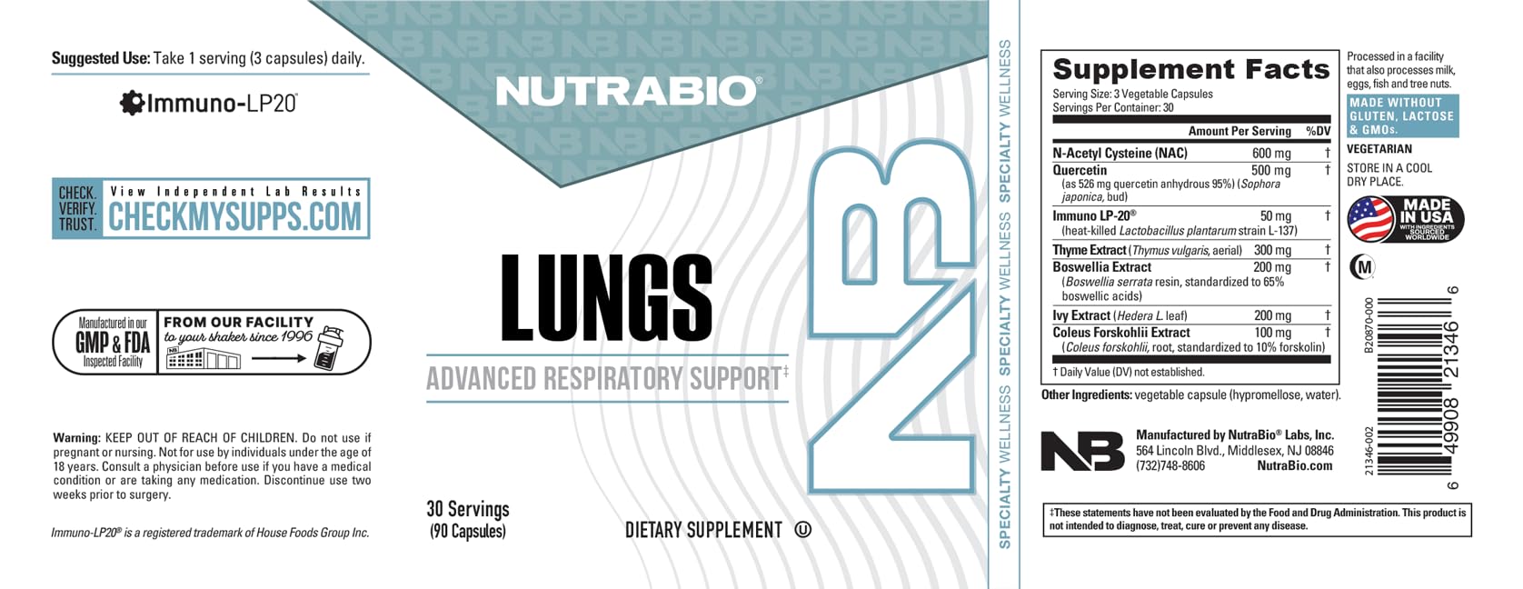 NutraBio Lungs Supplement - Blend of Immuno-LP20 and Natural Extracts to Help Support Respiratory & Immune Health - 90 Capsules NutraBio buy supplements canada