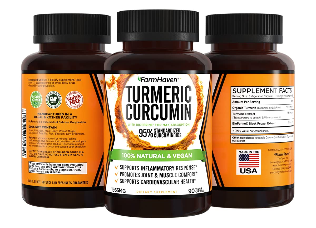 Turmeric Curcumin with BioPerine Black Pepper & 95% Curcuminoids, 1965mg, Maximum Absorption for Joint Support, Non-GMO Turmeric Capsules, FarmHaven buy supplements canada