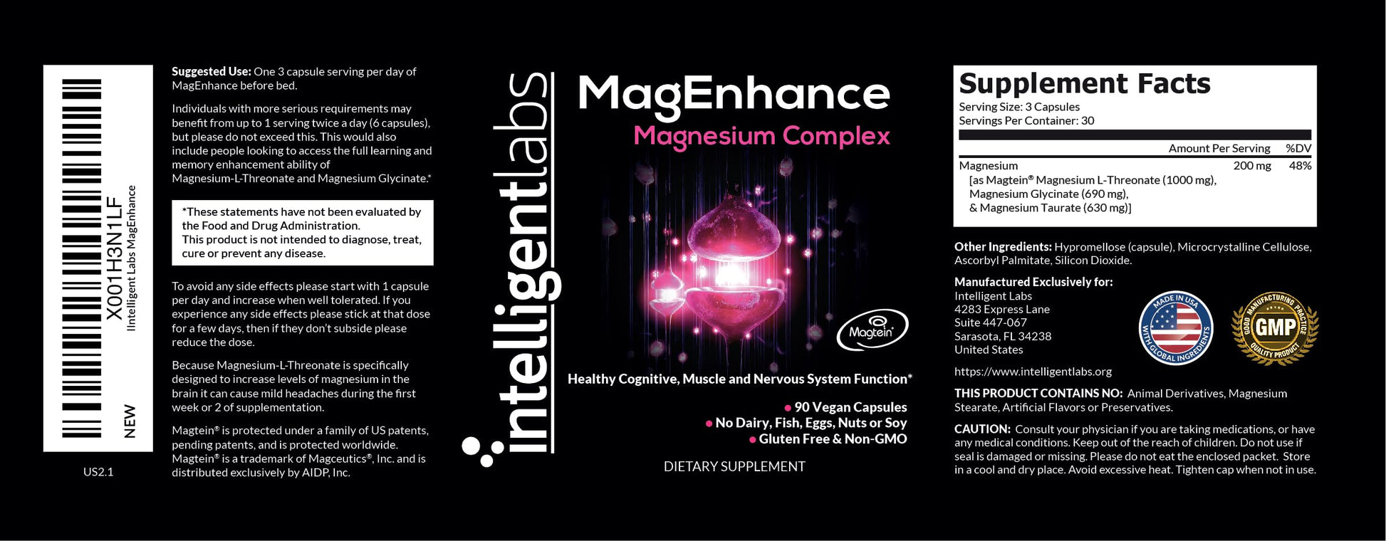 Intelligent Labs MagEnhance Magtein Magnesium Complex Supplement L-Threonate with Magnesium Glycinate and Taurate, 90 Capsules Intelligent Labs buy supplements canada