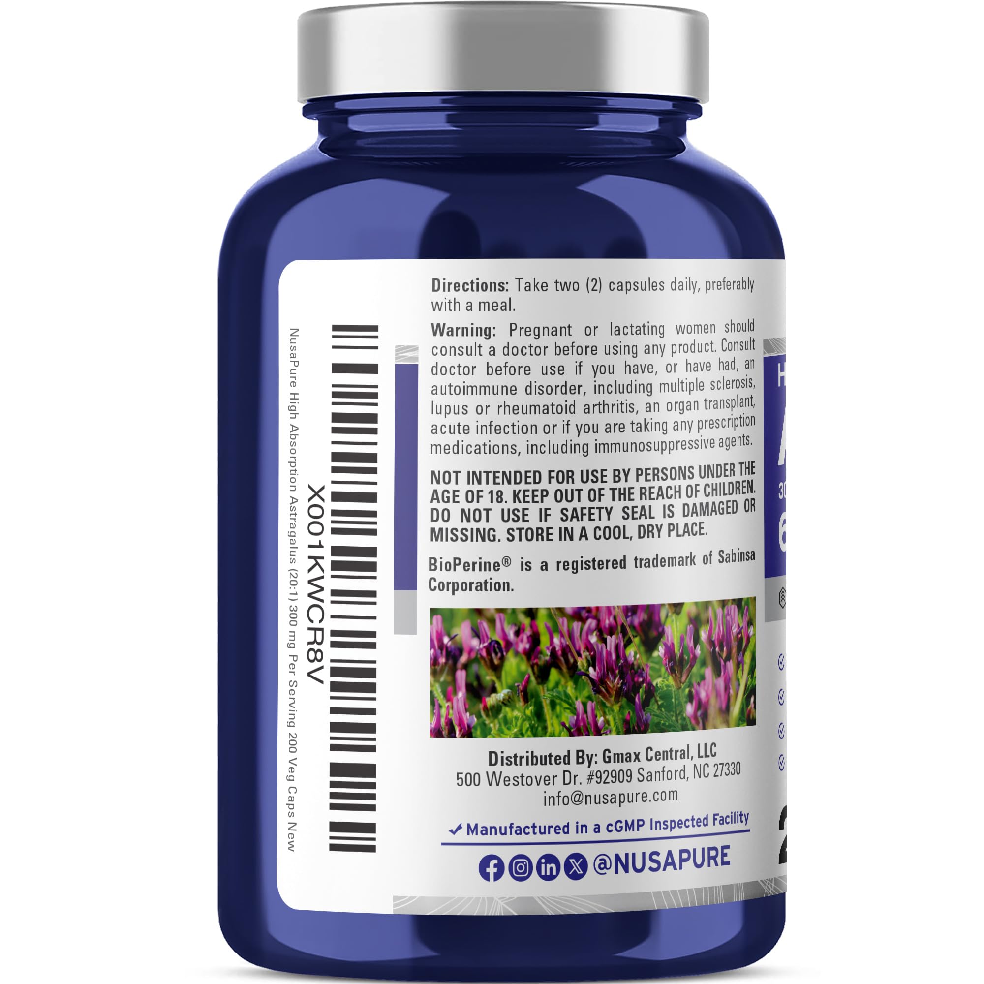 NusaPure Astragalus 20:1 Extract, 300 mg Equivalent to 6,000mg Per Serving, 200 Veggie Capsules, Vegan, Non-GMO & Bioperine NusaPure buy supplements canada