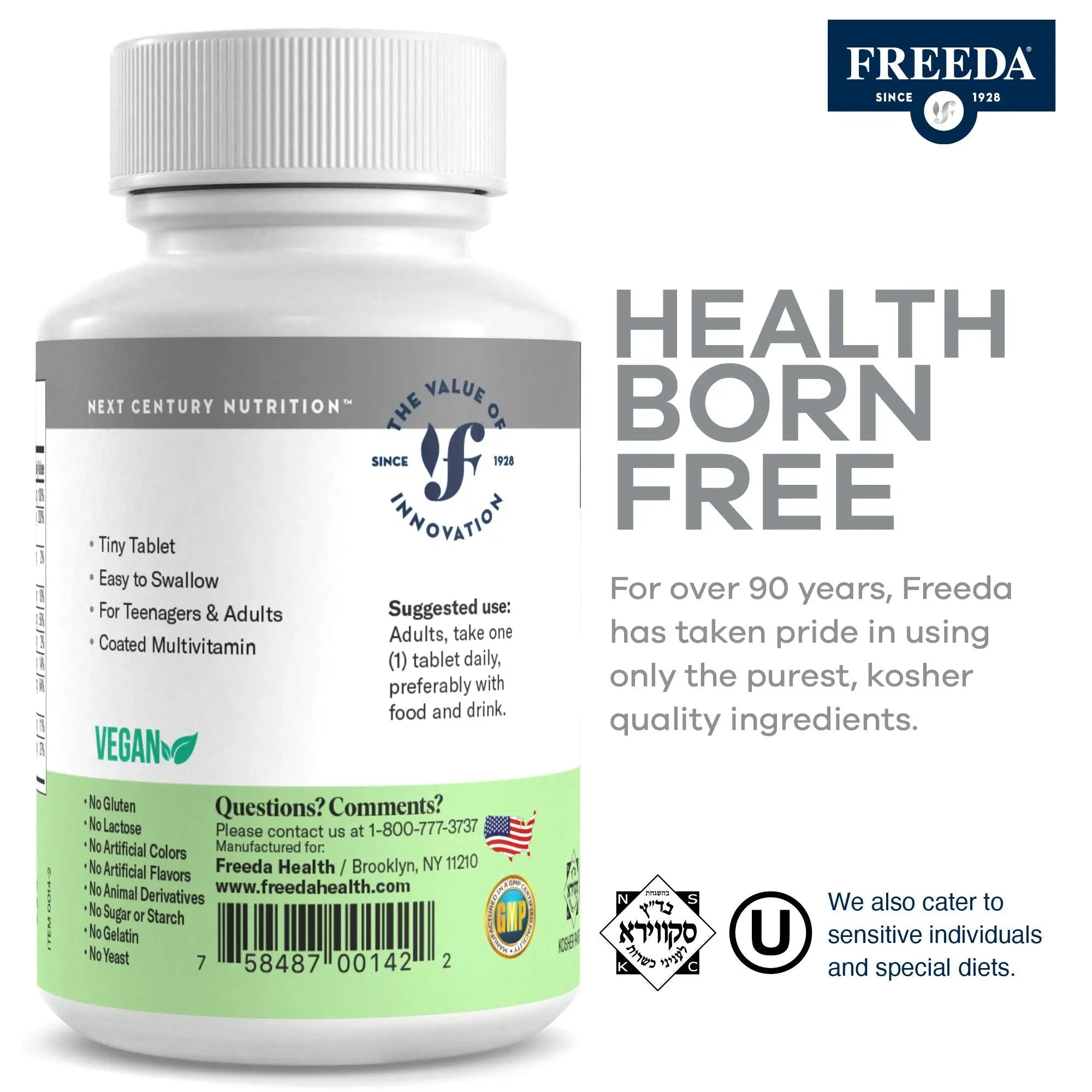 Freedavite Tiny Tablet - Moderate Multivitamin for Men and Women - Pure Vitamin A, C, D, E, B1, B2, B6, B12, Biotin, Calcium, Zinc, Iron, Magnesium FREEDA buy supplements canada