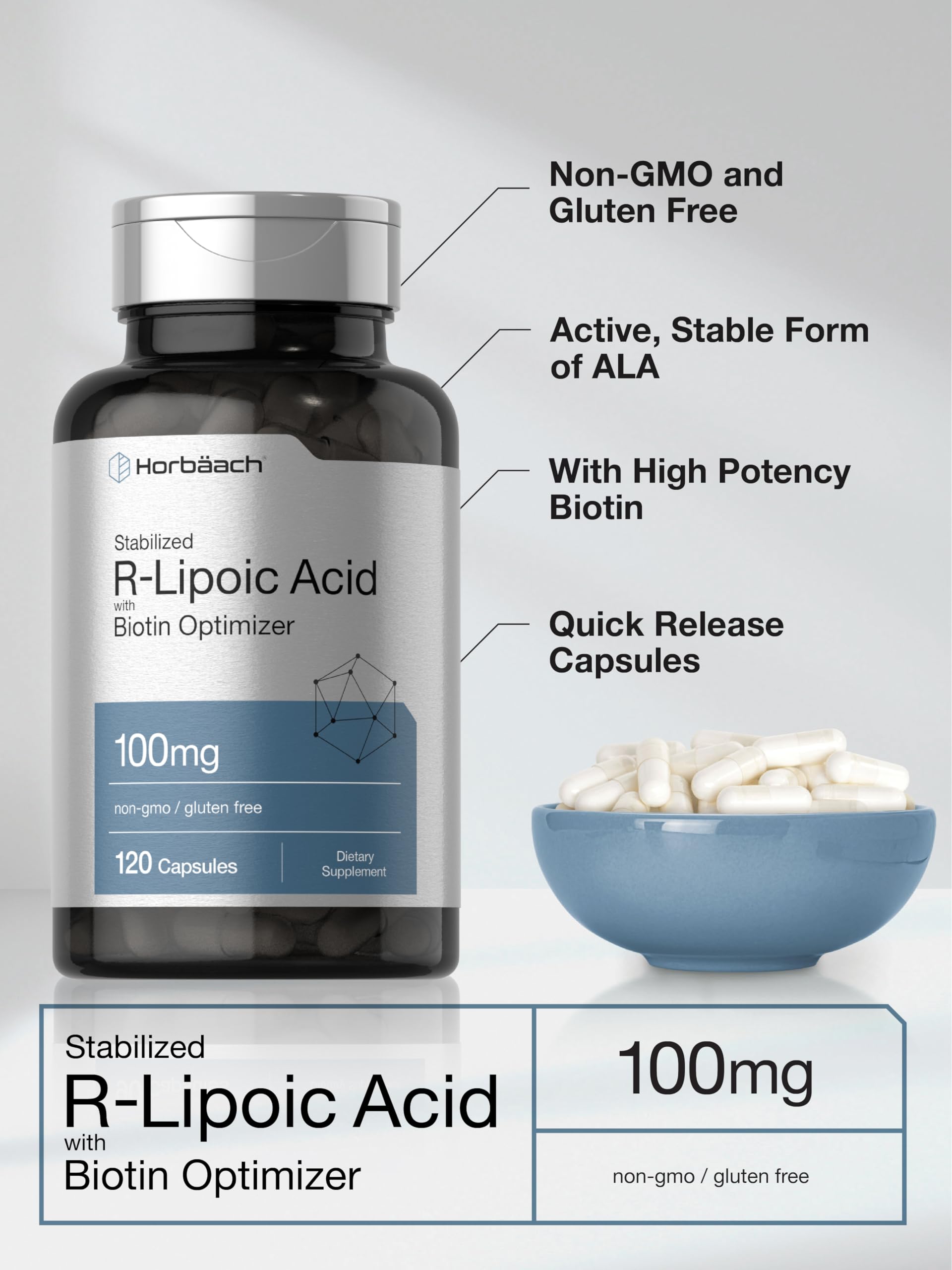 R-Lipoic Acid 100 mg | 120 Capsules | with Biotin Optimizer | Non-GMO, Gluten Free Horbäach buy supplements canada