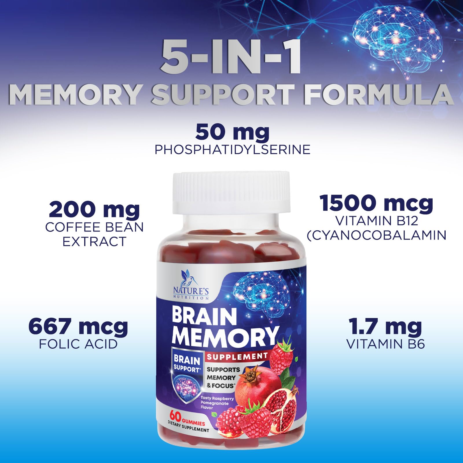 Brain Supplements for Memory & Focus Gummies - Brain Health Clarity with B6 B12 & Phosphatidylserine - Natural Nootropics Cognitive Concentration & Alertness Support Vitamins - 60 Vegan Gummies Nature's Nutrition buy supplements canada