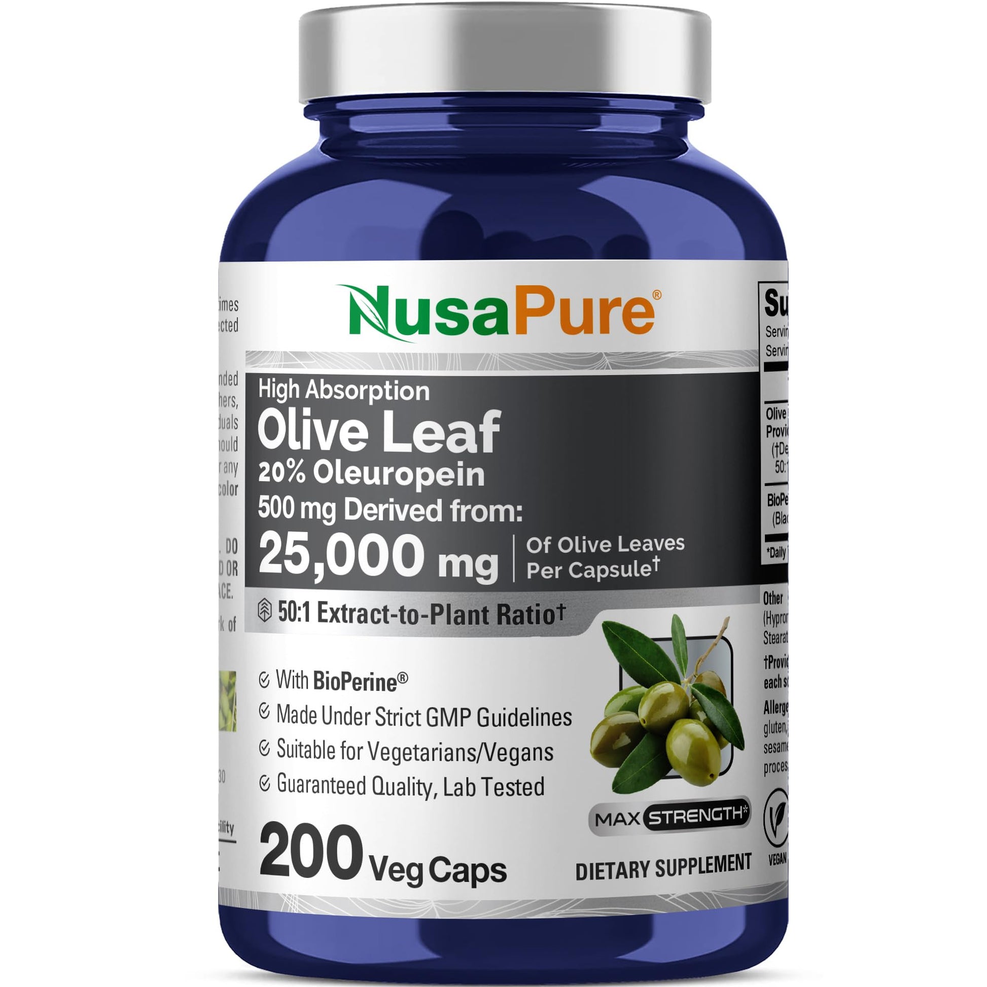 NusaPure Olive Leaf 20% Oleuropein 50:1 Extract, 500 mg Equivalent to 25,000 mg 200 Veg Caps Suitable for Vegetarians and Vegans, Non-GMO NusaPure buy supplements canada