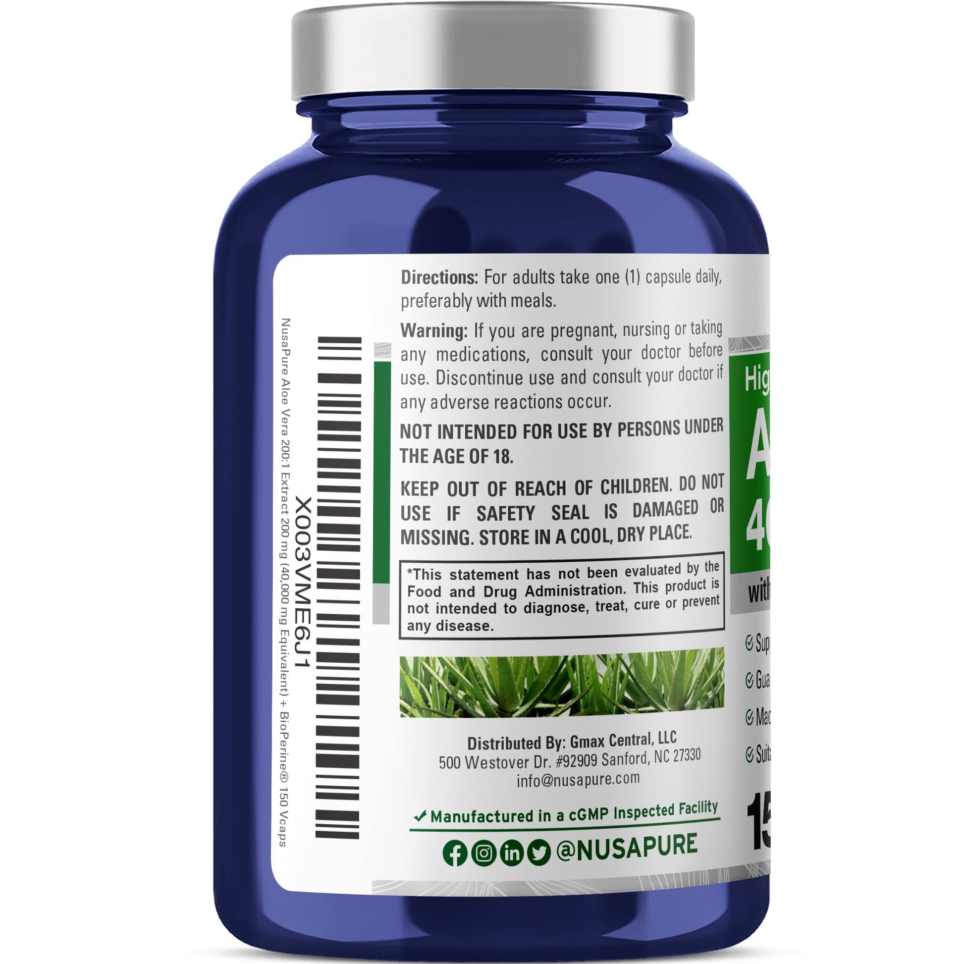 NusaPure Aloe Vera 40,000mg Per Veggie Caps - 150 Count - Aloe Vera Gel Supplement - Extract 200:1, Vegetarian, Non-GMO, Bioperine NusaPure buy supplements canada