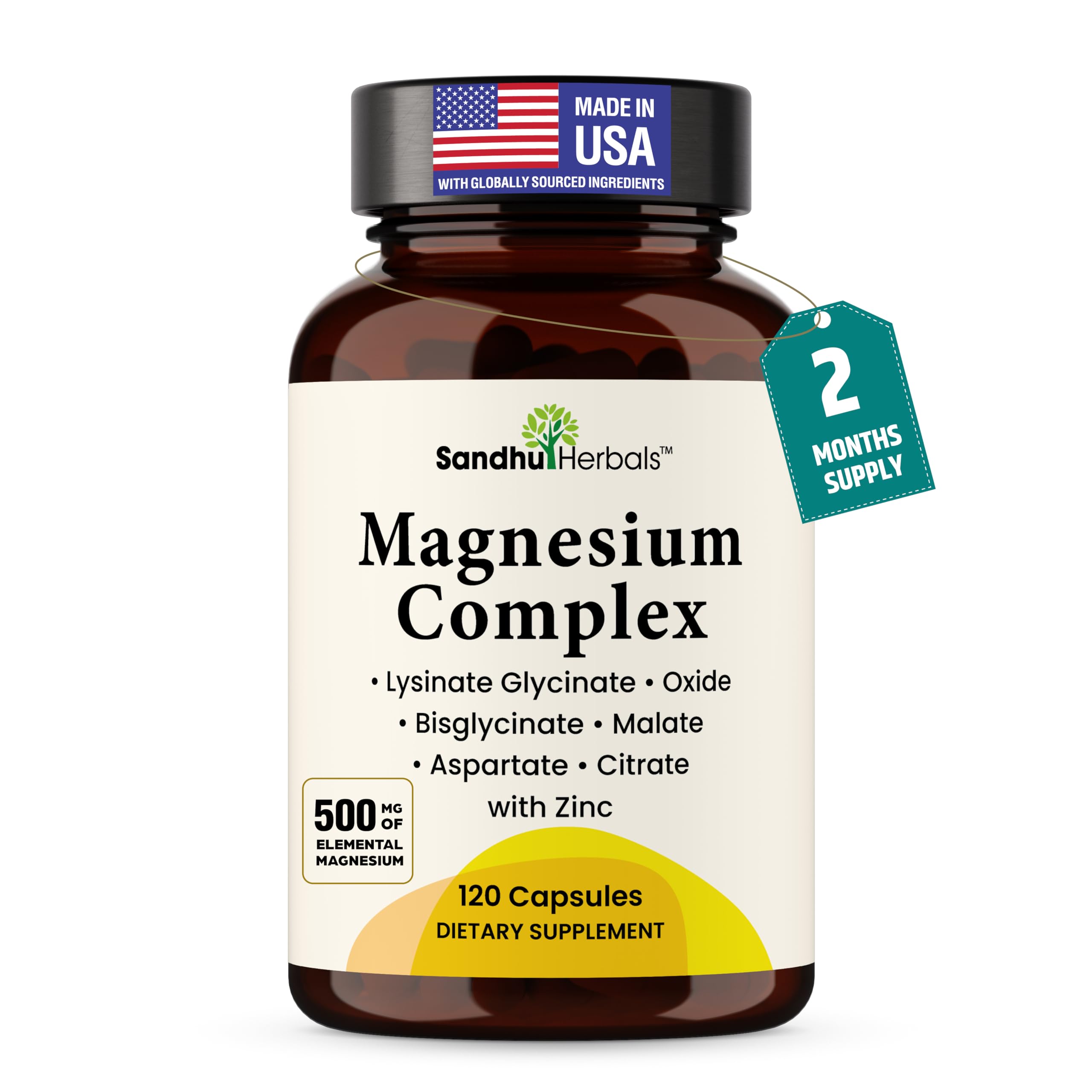 Complete Magnesium Complex 500mg for Women & Men | 120 Capsules | 6 in 1 Mag Supplement with Zinc | Quality Sleep & Muscle Health | Glycinate, Citrate SANDHUHERBALS buy supplements canada