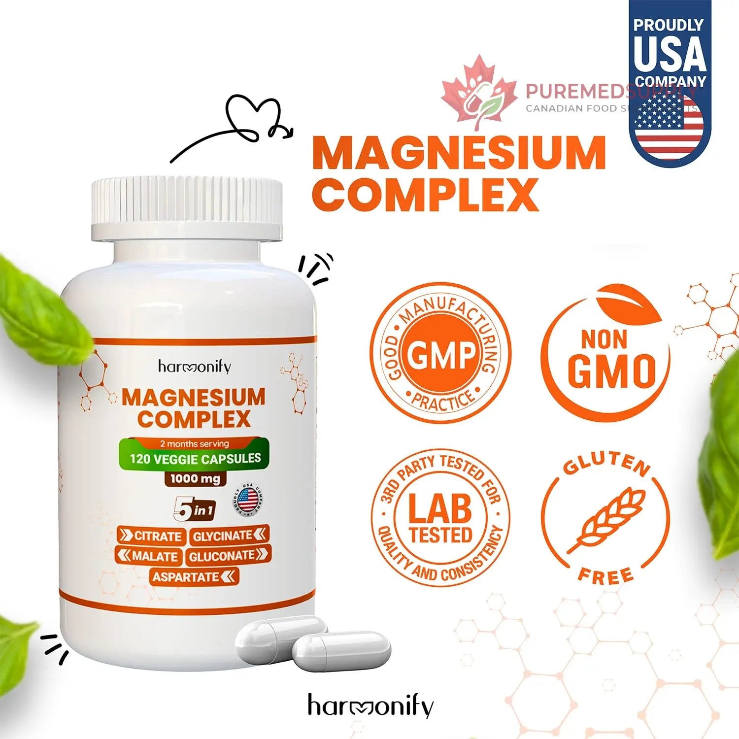 HARMONIFY Magnesium Glycinate Citrate Malate Aspartate Gluconate, 5 in 1 Formula, 120 Purified Veggie Capsule, 1000 mg, Gluten Free, Non-GMO, 60 Days Serving HARMONIFY buy supplements canada