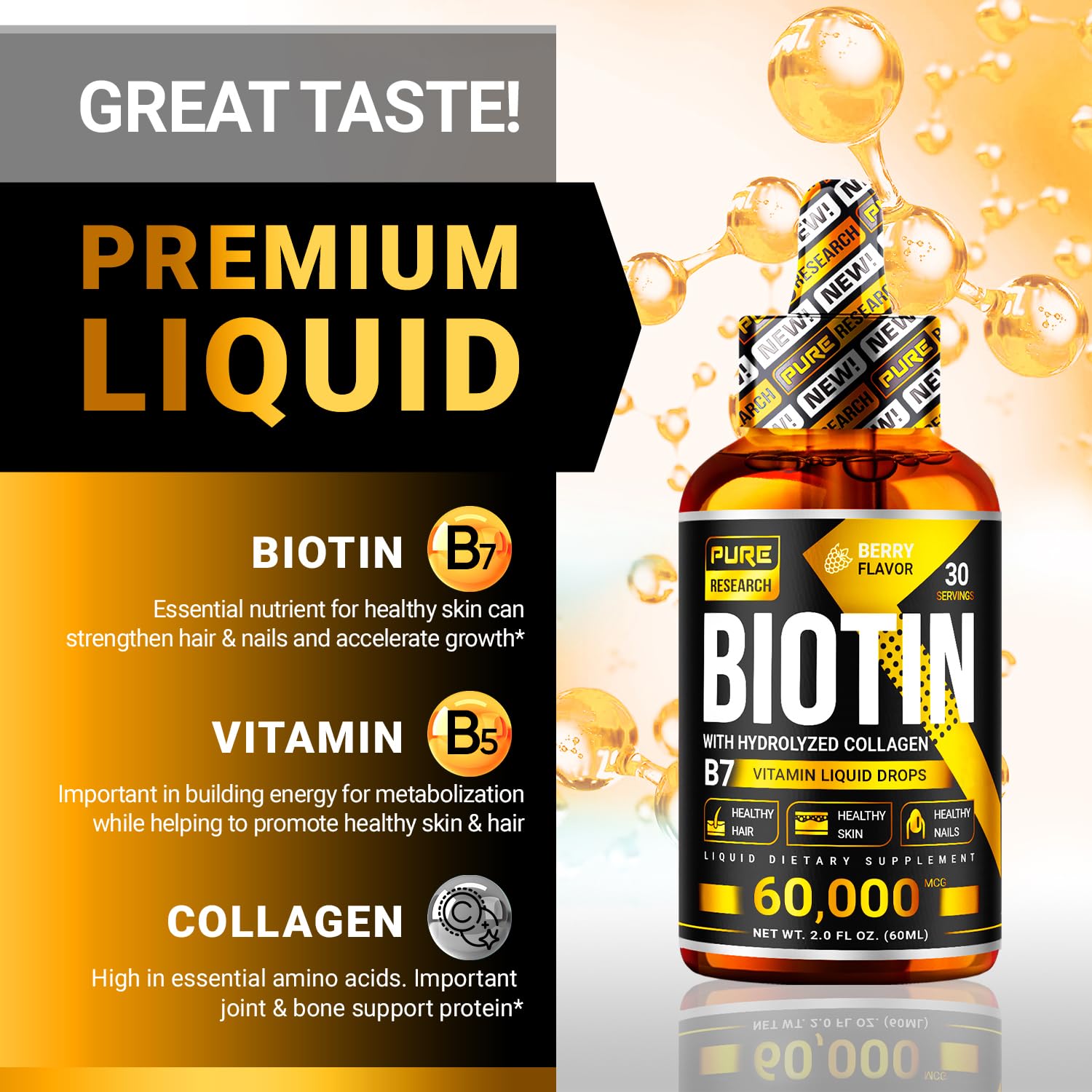PURE RESEARCH Liquid Biotin & Collagen Hair Growth Drops 60,000mcg – Biotin and Liquid Collagen Supplements for Women & Men – Supports Glowing Skin PURE RESEARCH buy supplements canada