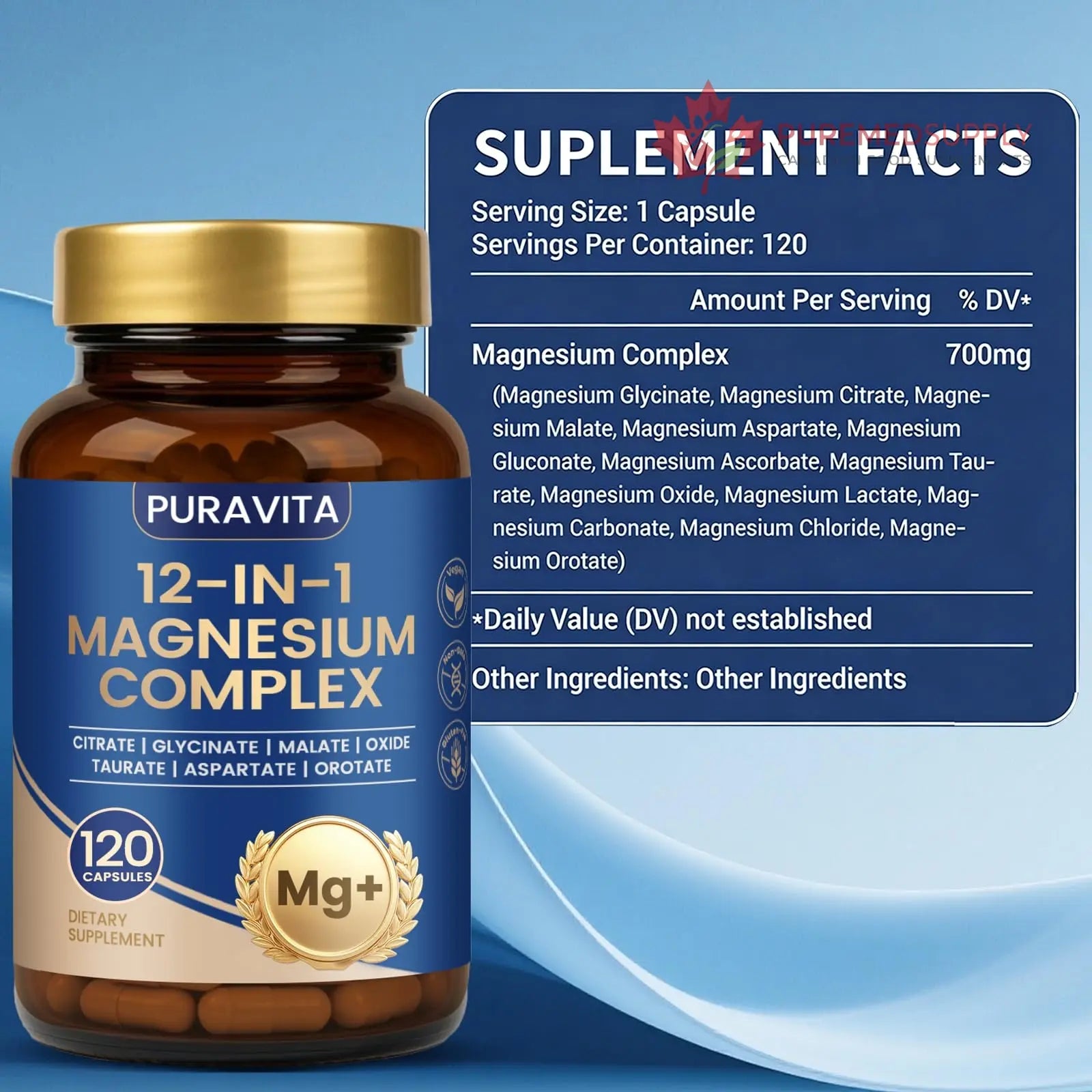 Puravita Magnesium Complex - Puravita 12 in 1 Magnesium Supplement with Glycinate, Citrate, Malate, Oxide, Taurat & More for Muscle, Nerve & Sleep Support, 120 Count PURAVITA buy supplements canada