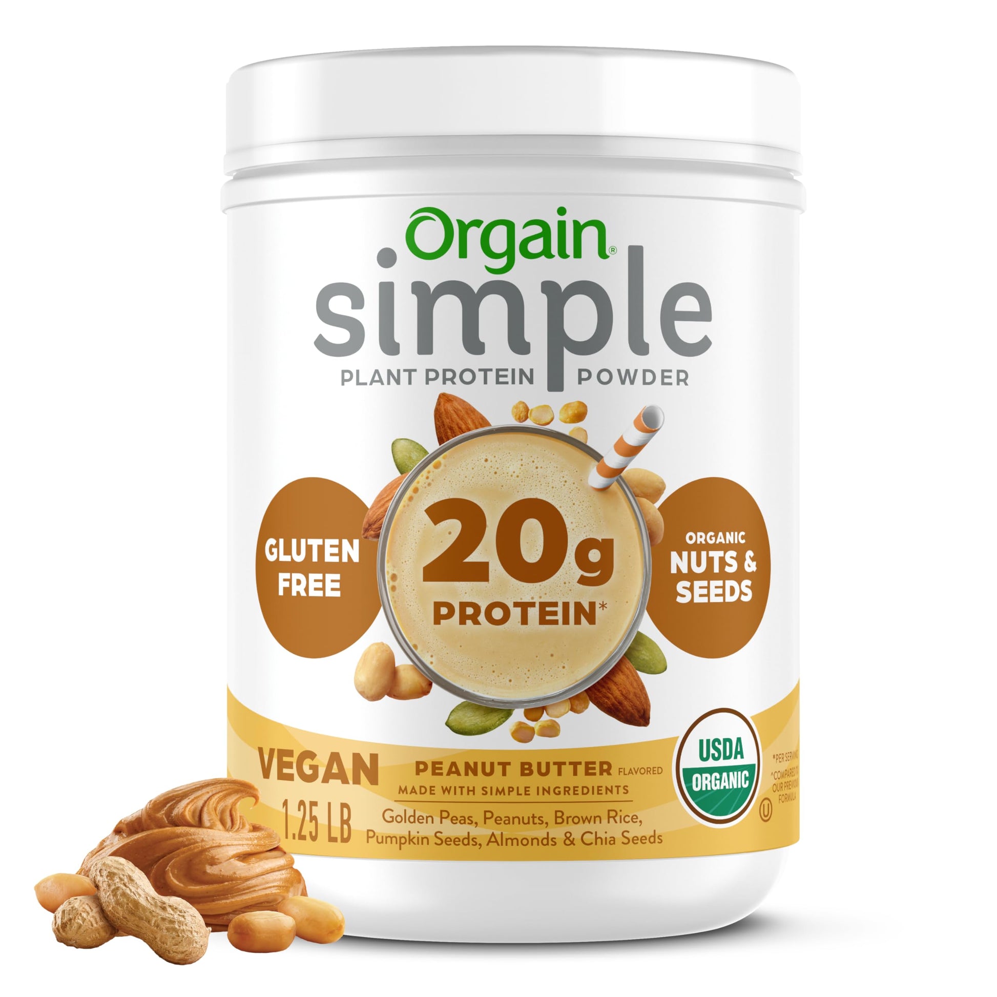 Orgain Organic Simple Vegan Protein Powder, Peanut Butter - 20g Plant Based Protein, With less Ingredients, No Artificial Sweeteners, Gluten Free, No Dairy or Lactose, 1.25 lb (Packaging May Vary) Orgain buy supplements canada