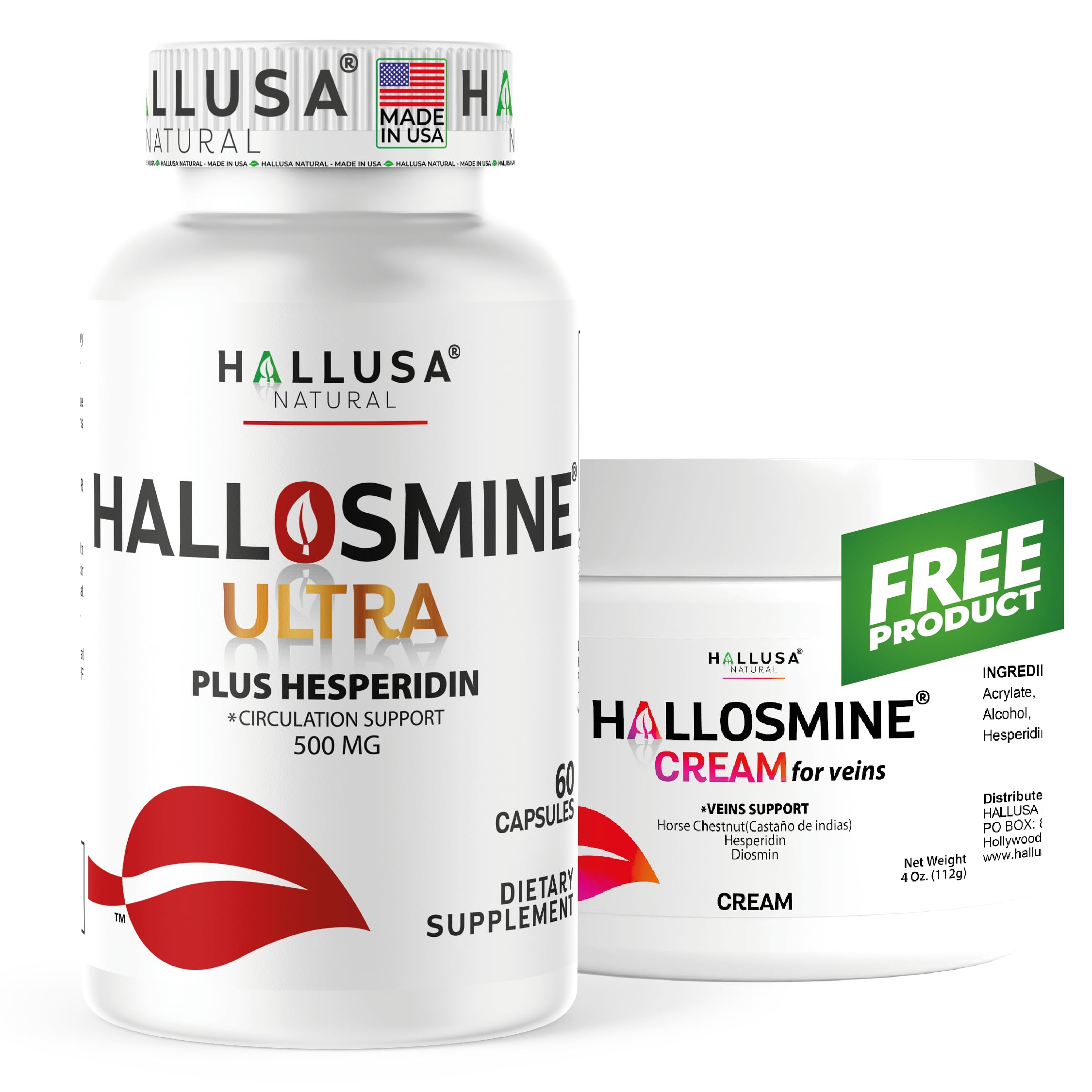 Hallosmine Ultra 650mg Diosmin Hesperidin, 60 Capsules + FREE Leg Cream with Diosmin, Hesperidin & Horse Chestnut, 4 oz | Blood Circulation & Vein Support Supplement, GMO Free, Gluten Free Hallusa Natural buy supplements canada