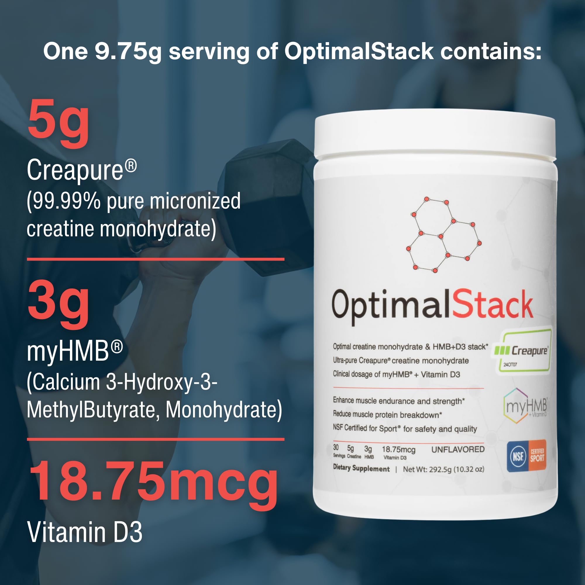 OptimalStack Creatine Monohydrate, HMB, & Vitamin D3 Stack | with Creapure Creatine, Clinical Dosage of myHMB, and Vitamin D3 | NSF for Sport Certified | Unflavored, 30 Servings OptimalAmino buy supplements canada