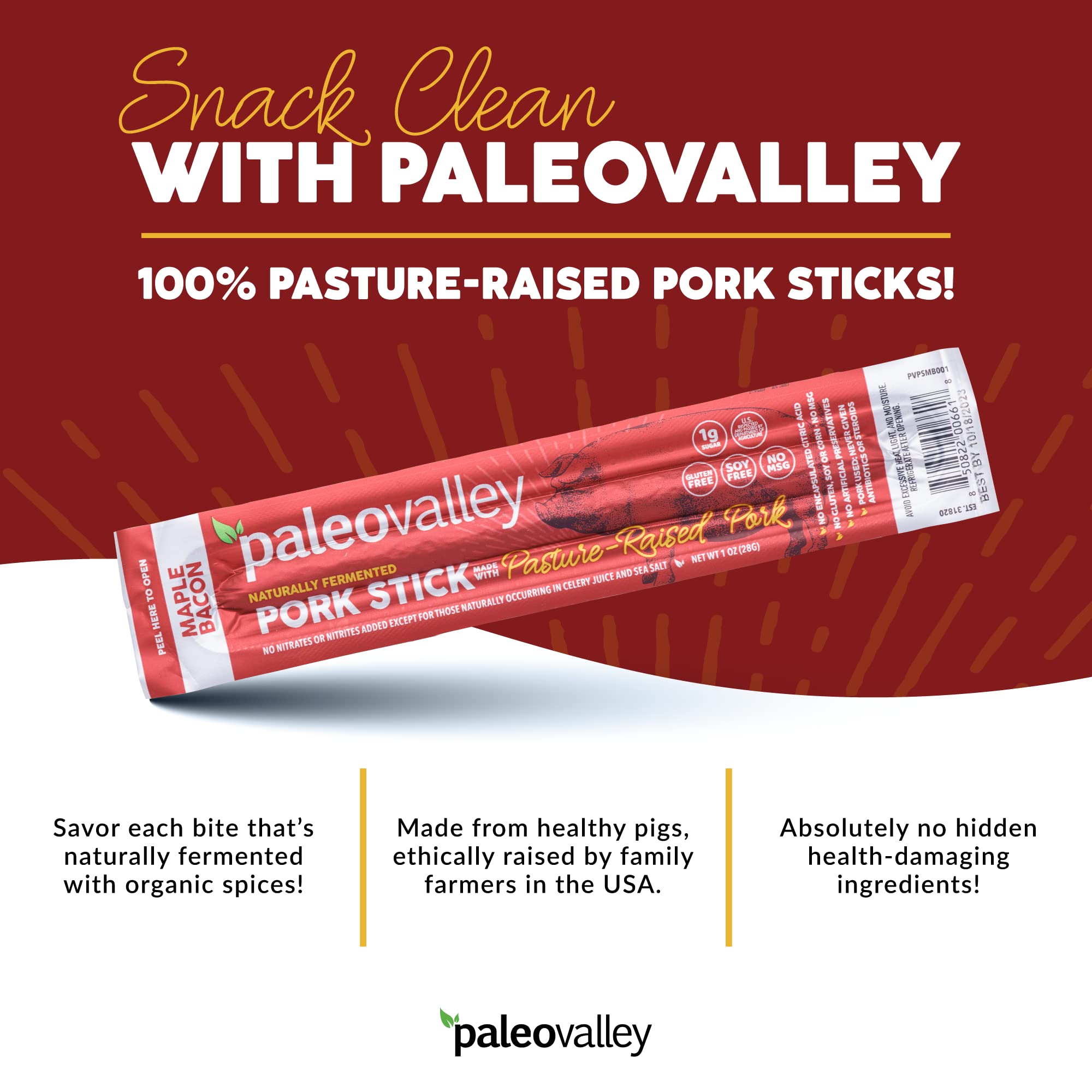Paleovalley Pasture-Raised Pork Sticks - Maple Bacon Flavor Meat Sticks Individually Wrapped, 28g - 10 Sticks - Gluten-Free Protein Snack Paleovalley buy supplements canada