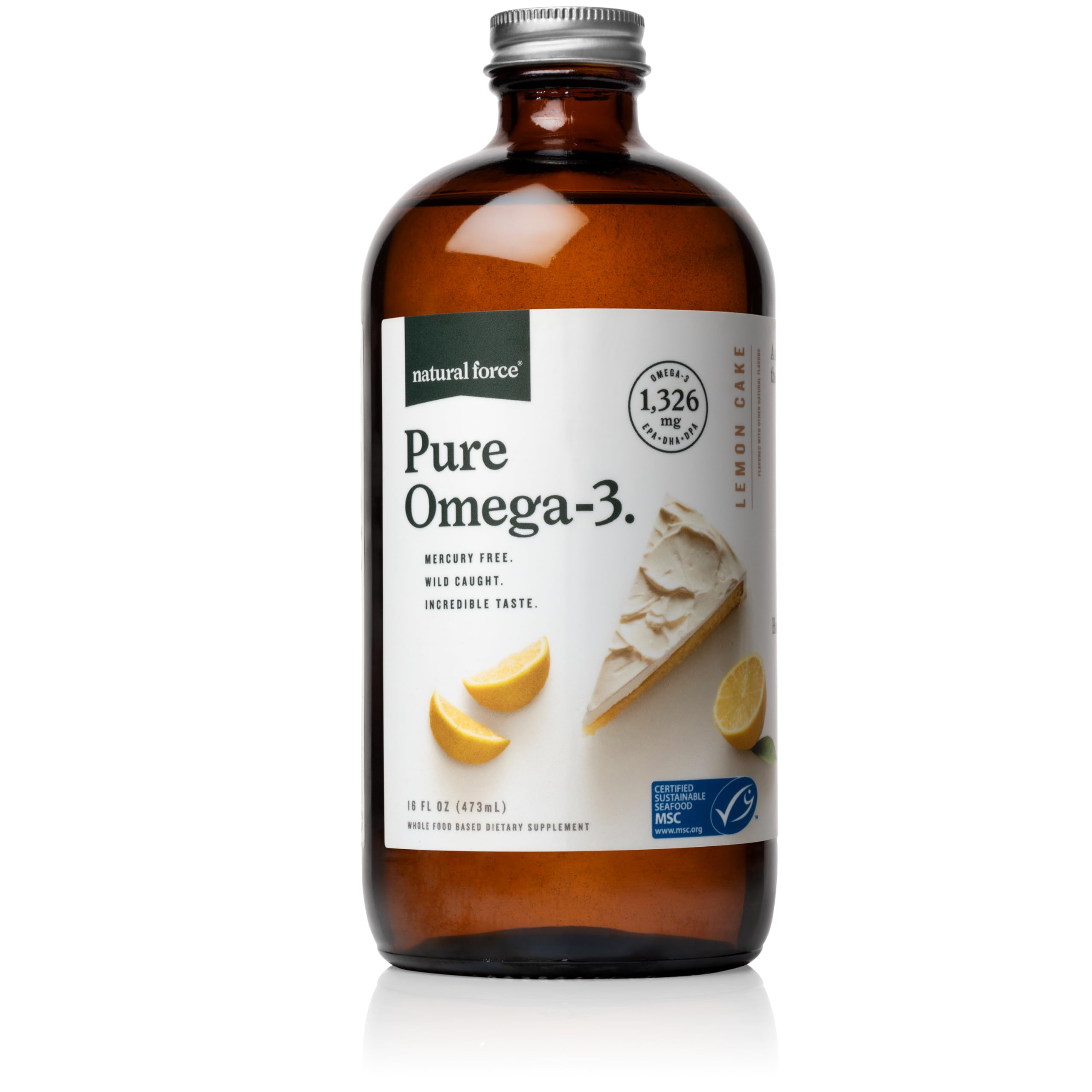 Natural Force Pure Omega 3 - Liquid Fish Oil - Delicious Lemon Cake Flavor - Mercury Free, Wild Caught, Lab Tested - 1,326 mg Triglyceride EPA, DHA, & DPA - 16 Oz Glass Bottle Natural Force buy supplements canada
