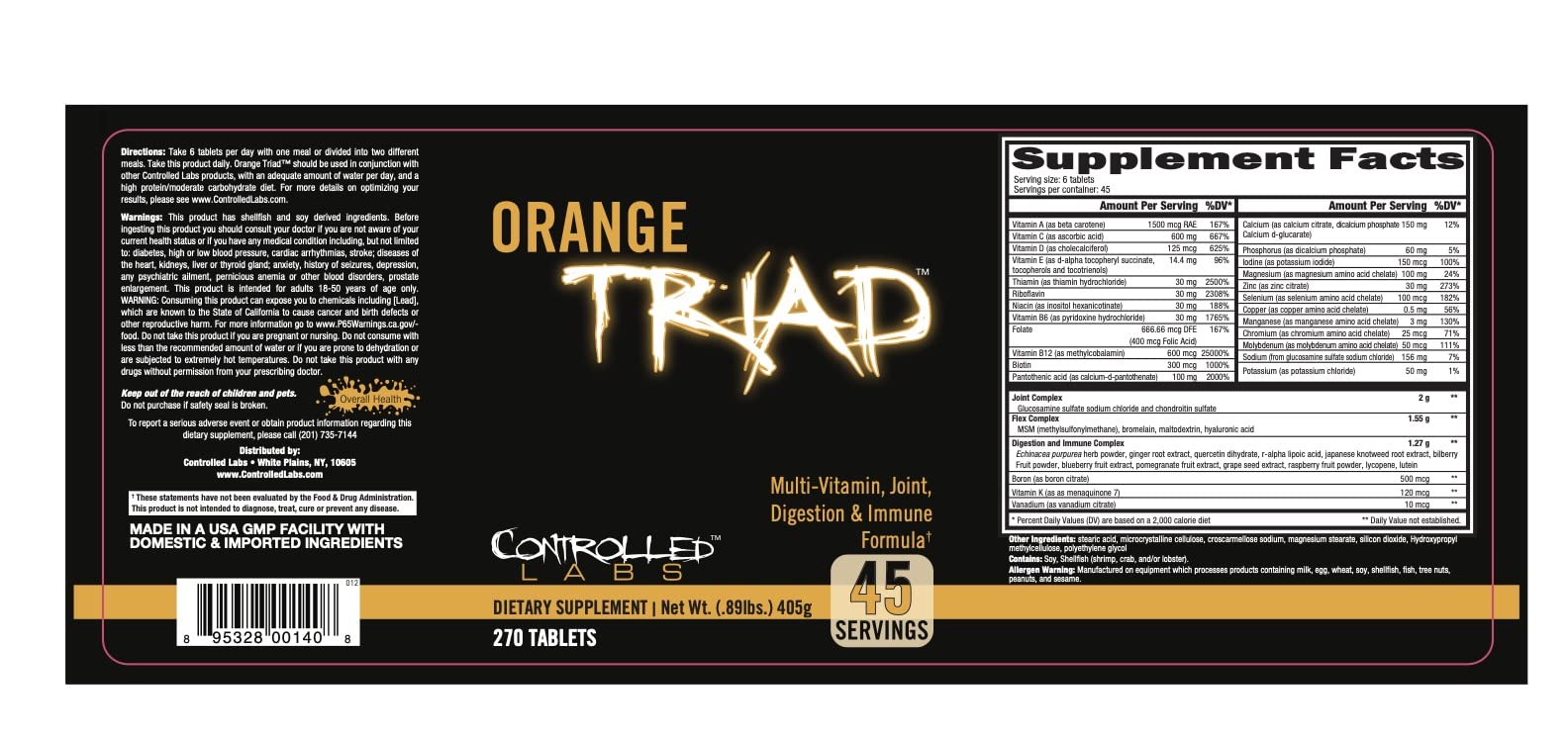 CONTROLLED LABS Orange Triad Daily Multivitamin, Iron Free Sports Supplement for Workout, Digestion, Immune, and Joints, 45 serv - Tablets (270 Count (Pack of 1)) CONTROLLED LABS buy supplements canada