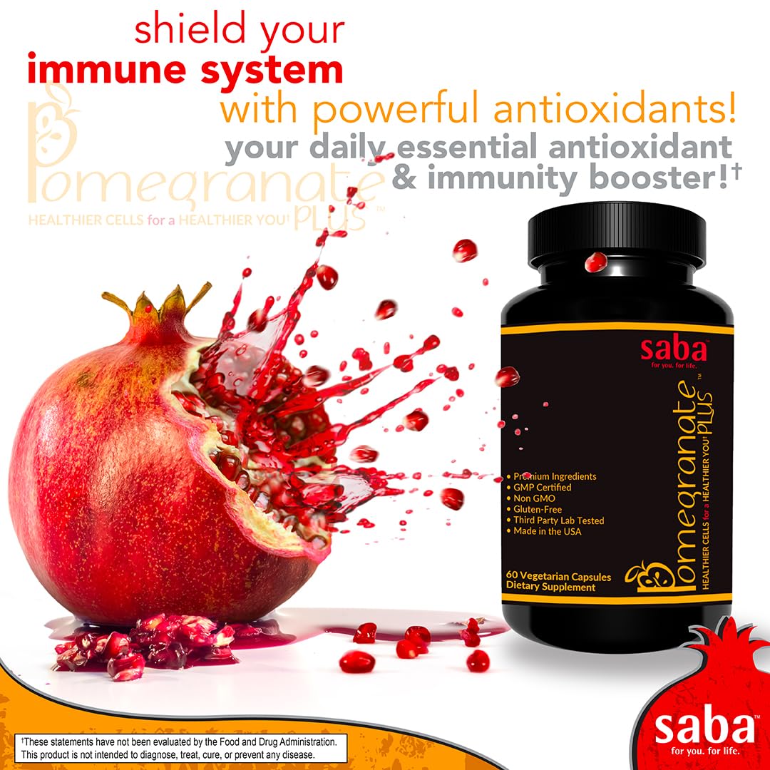 Saba Pomegranate Plus – Antioxidant Supplement with Astaxanthin & Adaptogens | Immune, Skin, Heart & Brain Support | Daily Stress & Cellular Wellness | 60 Capsules Saba buy supplements canada