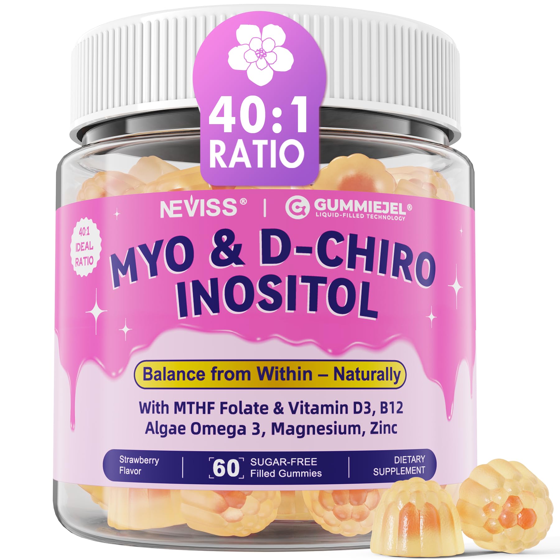 Myo-Inositol & D-Chiro Inositol, Hormone Balance for Women | Sugar Free Inositol Gummies w/Omega 3, MTHF Folate, Vitamin D3, B12, Magnesium & Zinc for Ovarian Health, Ideal 40:1 Ratio, Vegan, 60 Cts NEVISS buy supplements canada