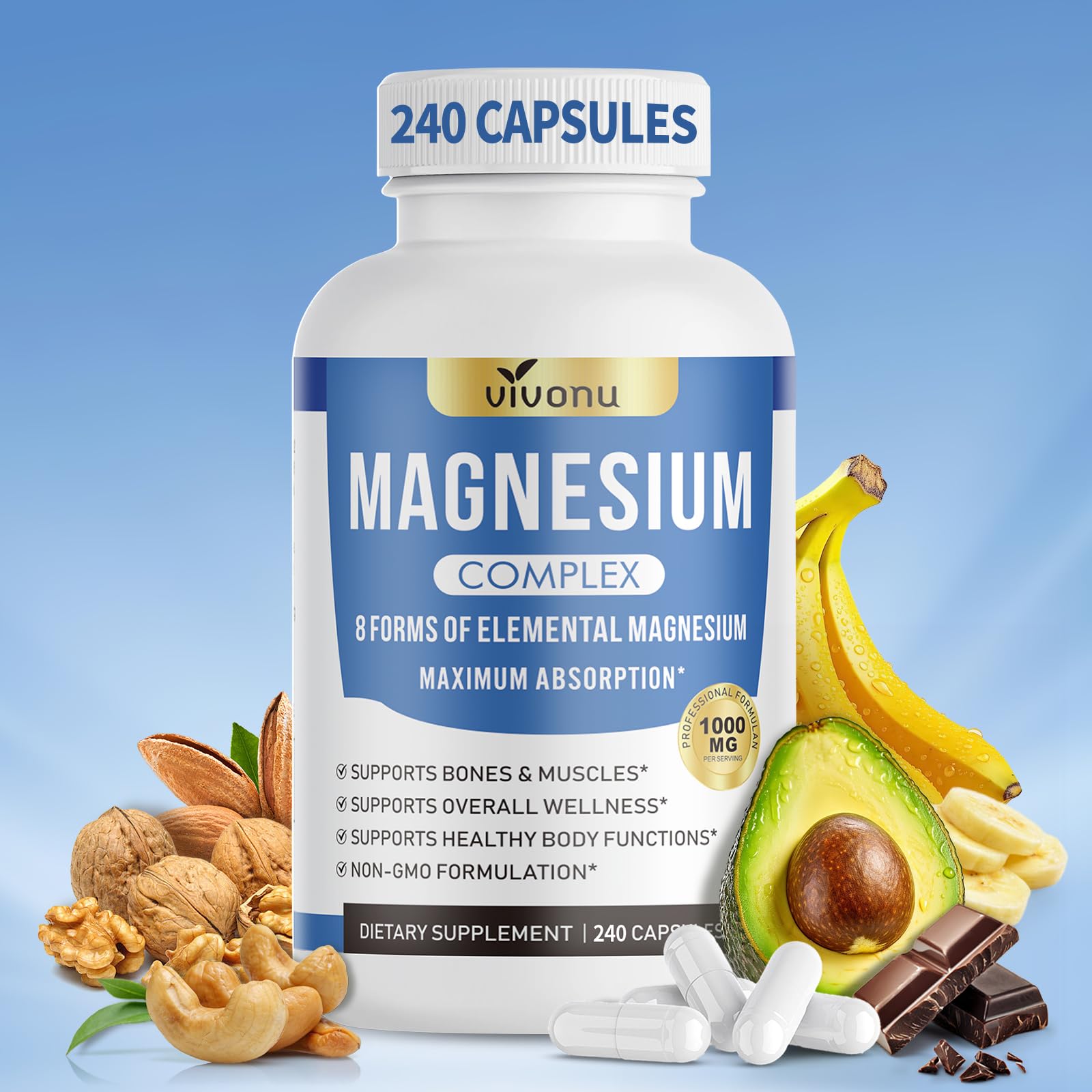 1000mg Magnesium Complex Capsules, 8-in-1 Magnesium Glycinate, Citrate, Malate, Taurate, Oxide, Carbonate, Aspartate, Orotate - 240 Capsules VivoNu buy supplements canada
