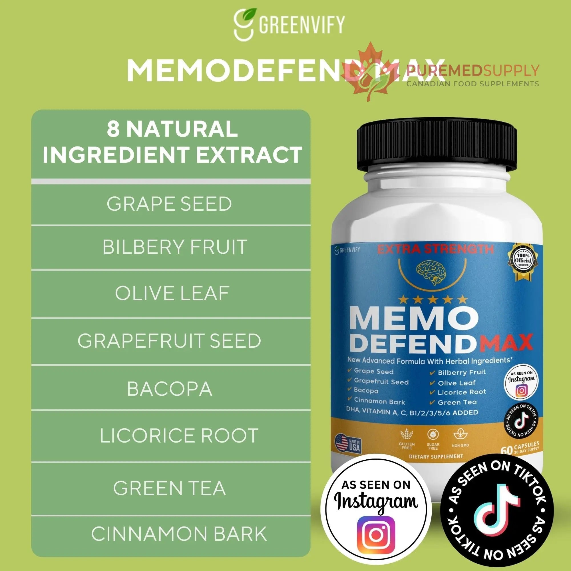 Memo Defend Max Memory Support Supplement, 60 Capsules, with Vitamins A C D E B Complex, DHA, Bacopa, Grapefruit Seed (1) GREENVIFY buy supplements canada