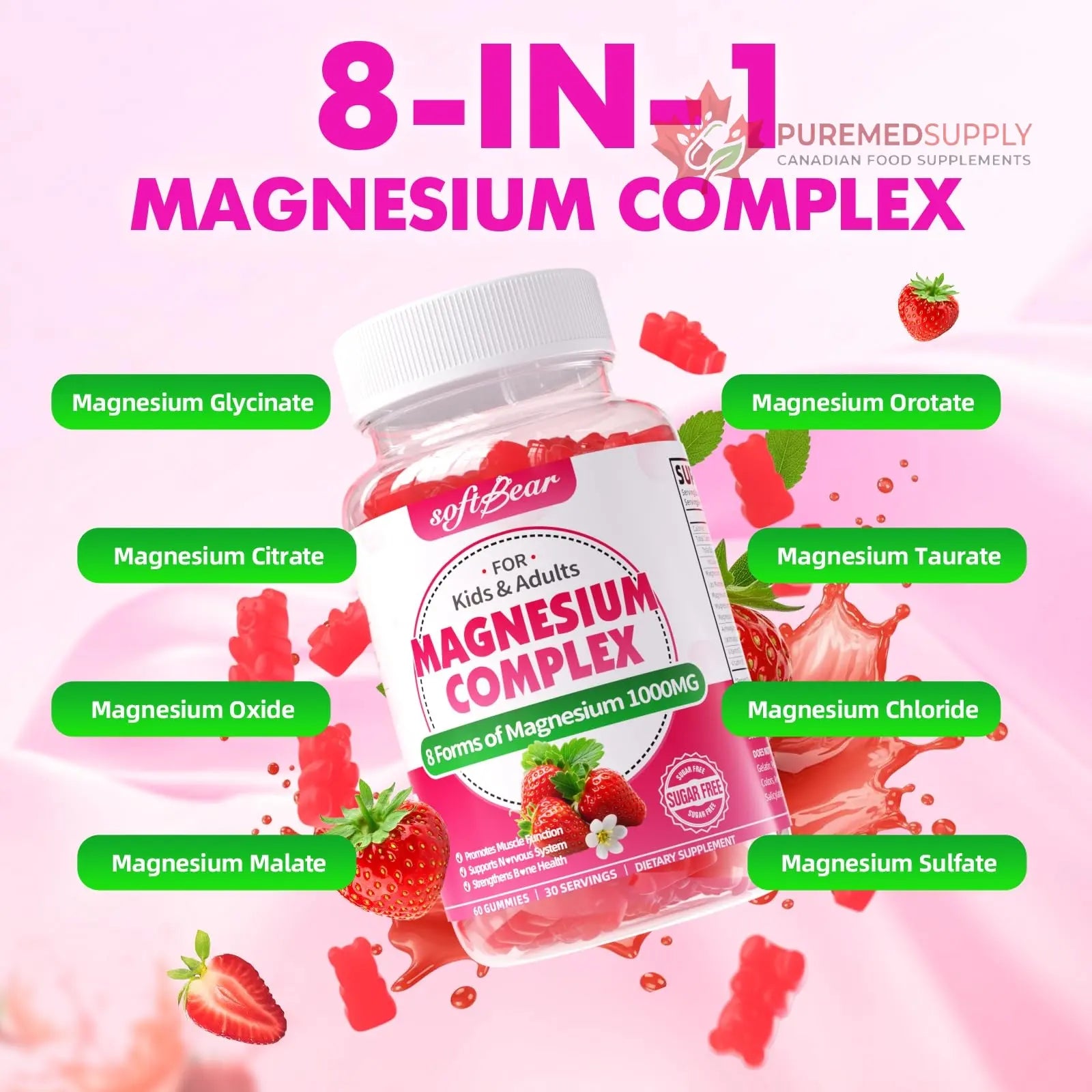softbear Magnesium Complex Gummies for Women & Men & Kids, 8 in 1 Magnesium Complex Supplement 1000mg-Magnesium Glycinate,Citrate,Malate Supports Calm, Zzz, Muscle Cramp, Strawberry Flavor 120 Count softbear buy supplements canada