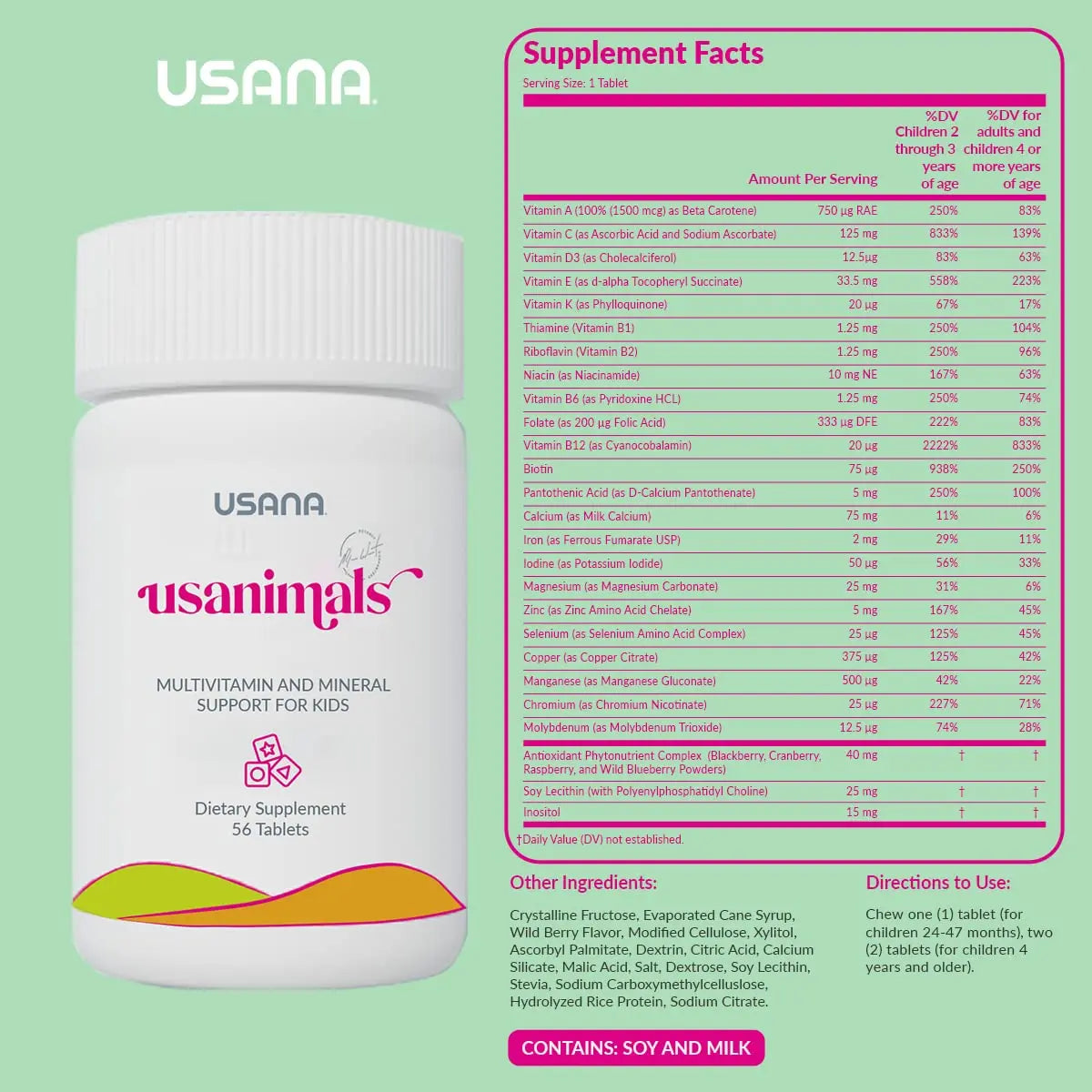 USANA Usanimals Multivitamin for Kids - Daily Chewable Tablets with Vitamins A, C, D, E, B6, B12, Zinc, Iron - Supports Immune, Bone & Brain Health USANA buy supplements canada