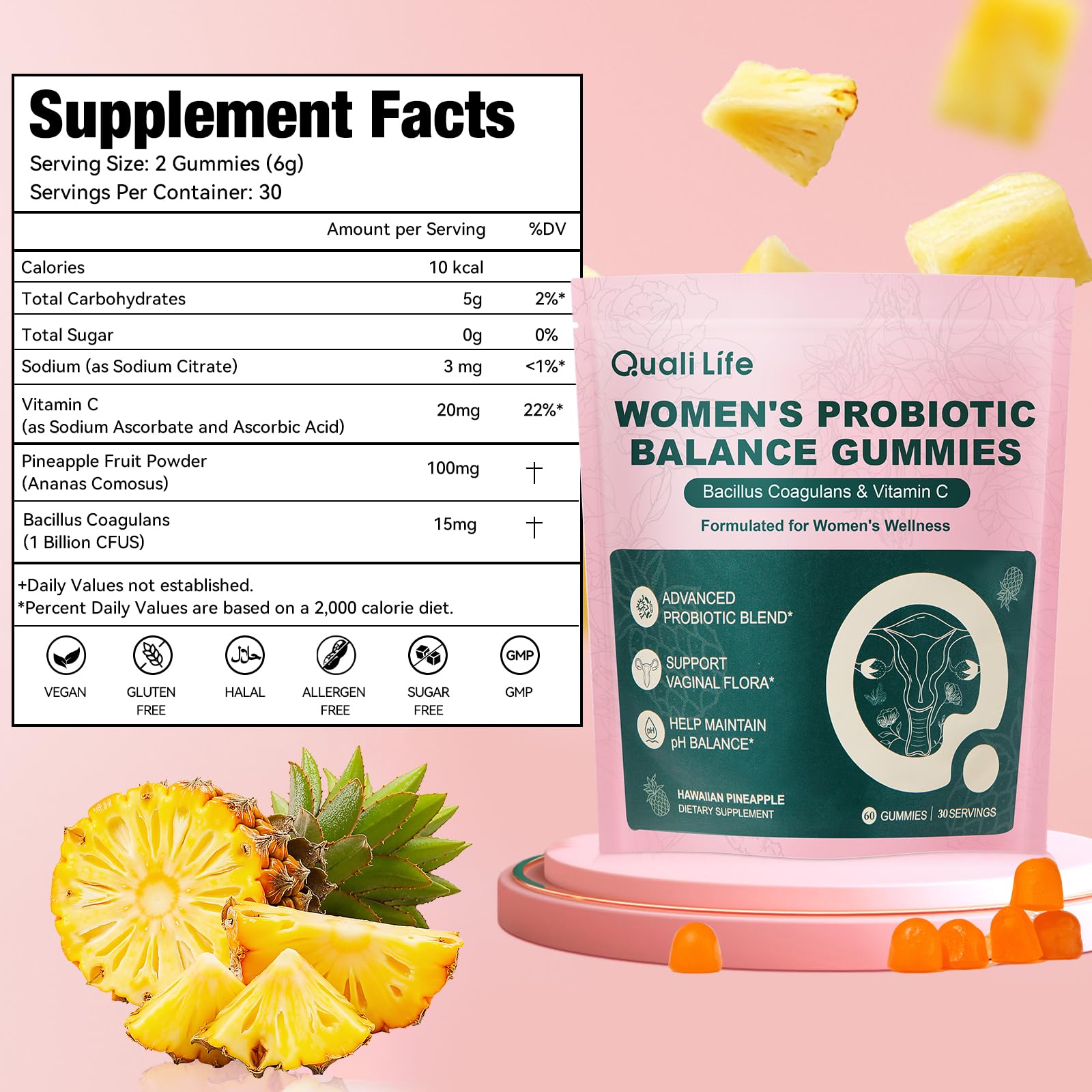 QualiLife Premium Feminine Balance Gummies for Women – Probiotic Vaginal Health Support with Vitamin C – pH Balance & Flora Support – Sugar Free, Vegan, Hawaiian Pineapple Flavor – 60 Gummies (1) QualiLife buy supplements canada