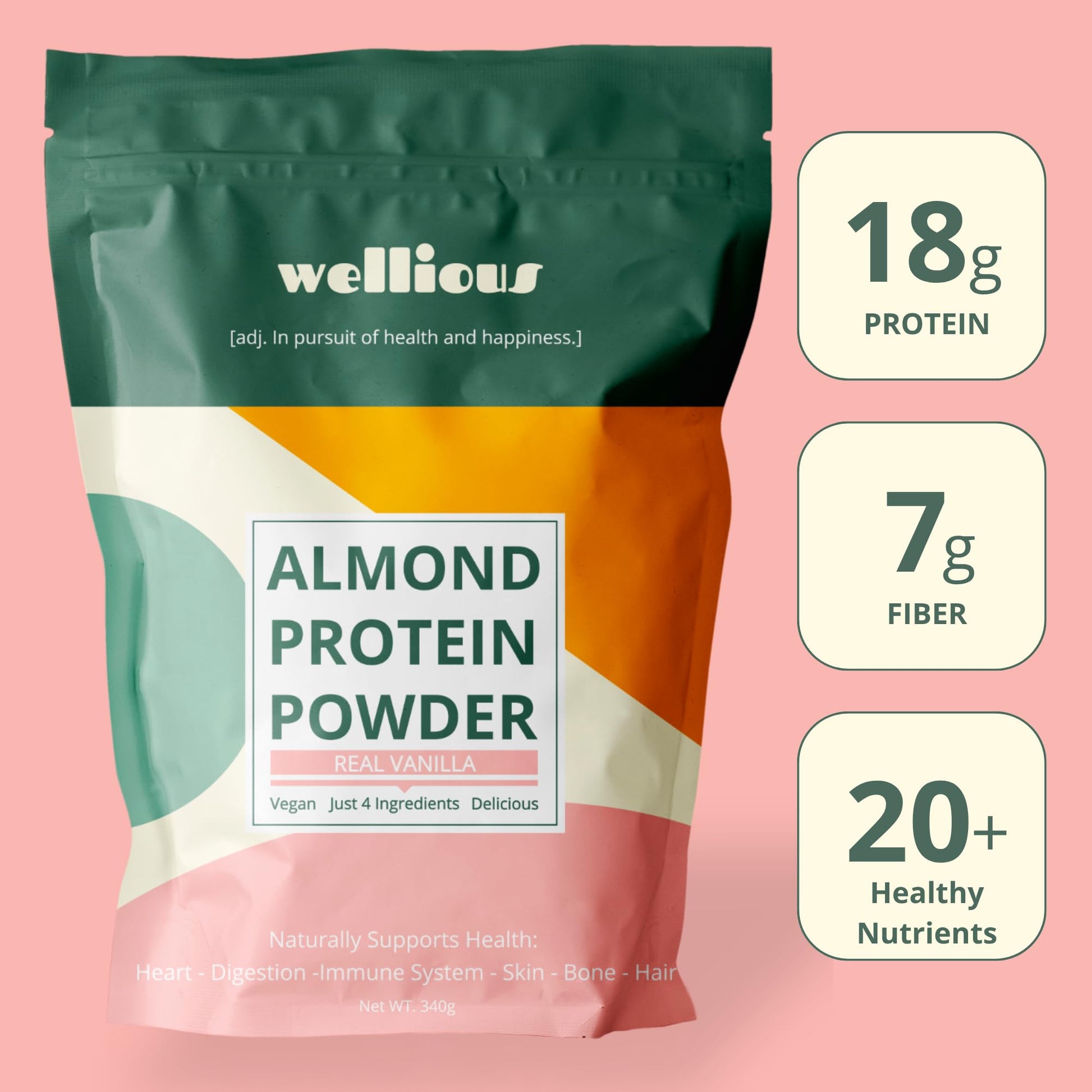 wellious Almond Protein Powder (Vanilla) - 18 Grams of Pure Healthiest Vegan Protein for Women & Men - Perfect Soy-Free & Smooth Gut Friendly Protein Powder for Sports Nutrition wellious buy supplements canada