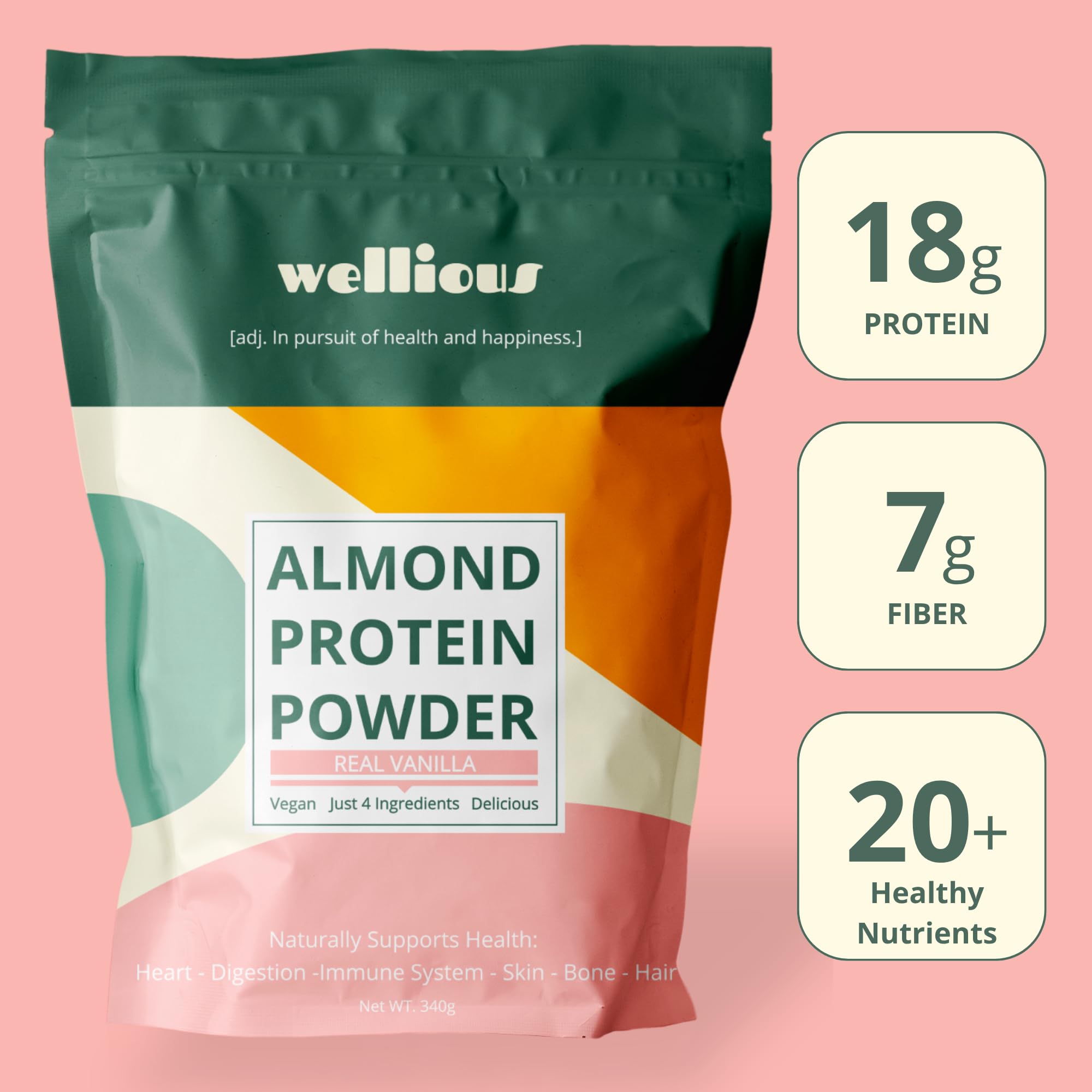 wellious Almond Protein Powder (Vanilla) - 18 Grams of Pure Healthiest Vegan Protein for Women & Men - Perfect Soy-Free & Smooth Gut Friendly Protein Powder for Sports Nutrition wellious buy supplements canada