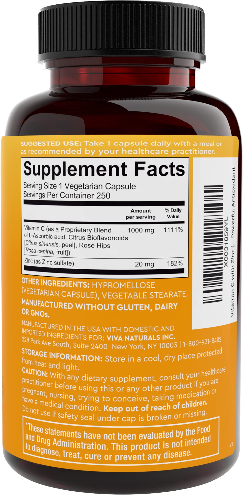 Viva Naturals Vitamin C and Zinc Supplement (250 Capsules) - 1000 mg Vitamin C with Zinc 20 mg Antioxidant Supplements for Immune Support, Vitamin Supplement for Adults Viva Naturals buy supplements canada