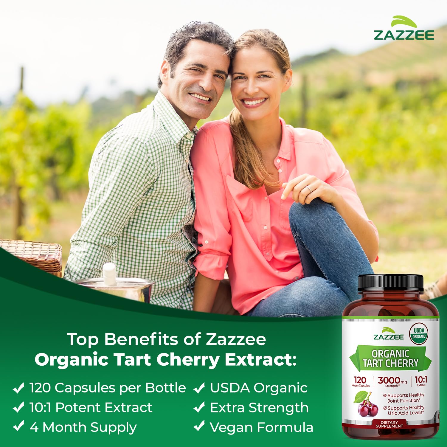 Zazzee USDA Organic Tart Cherry 10:1 Extract, 120 Vegan Capsules, 4 Month Supply, Montmorency Cherry, Daily Wellness Antioxidant Support, Organic Herbal Supplement, All-Natural, Non-GMO, Made in USA Zazzee buy supplements canada