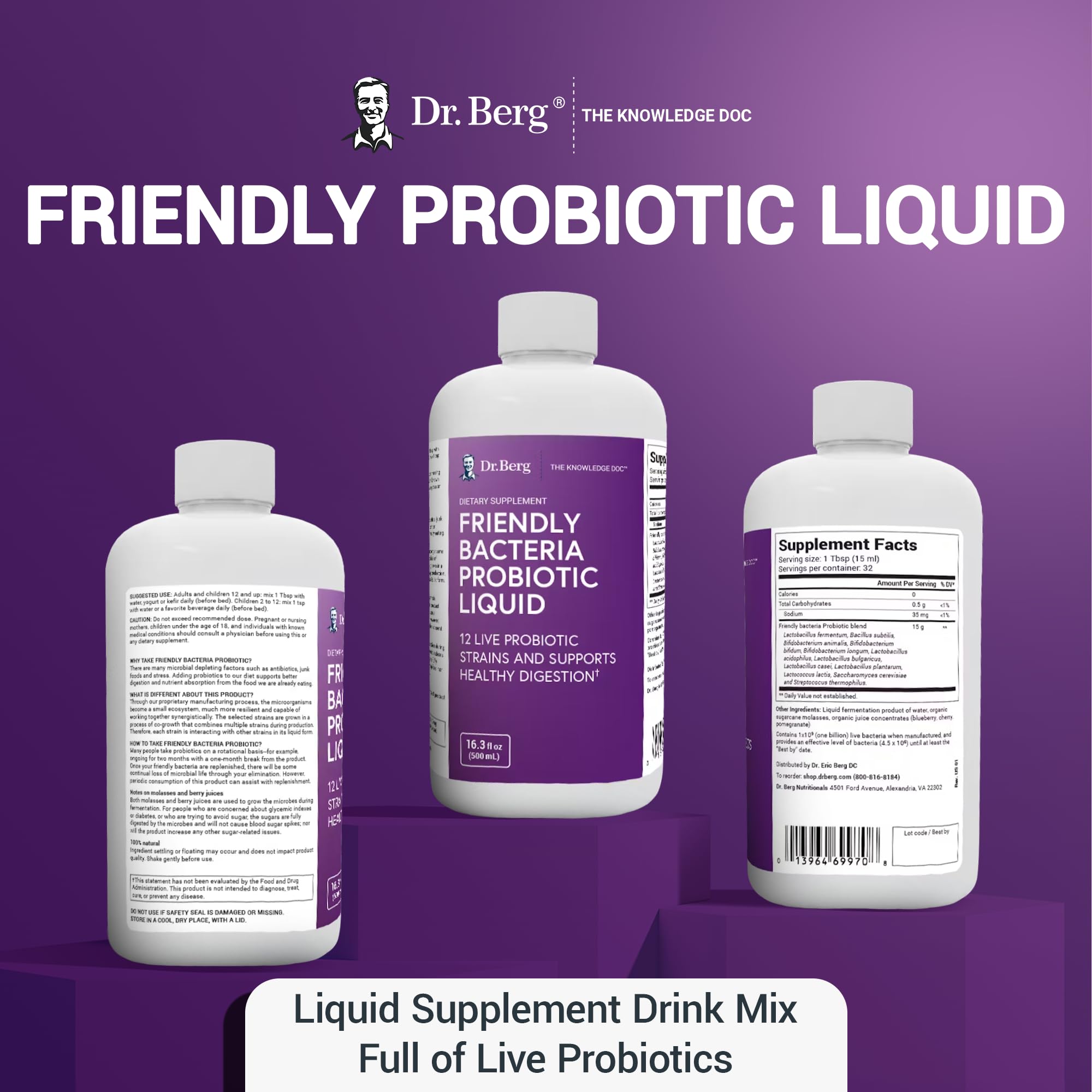 Dr. Berg's Friendly Probiotic Liquid Supplement Drink Mix w/ 12 Live Probiotics Strains Dr. Berg Nutritionals buy supplements canada