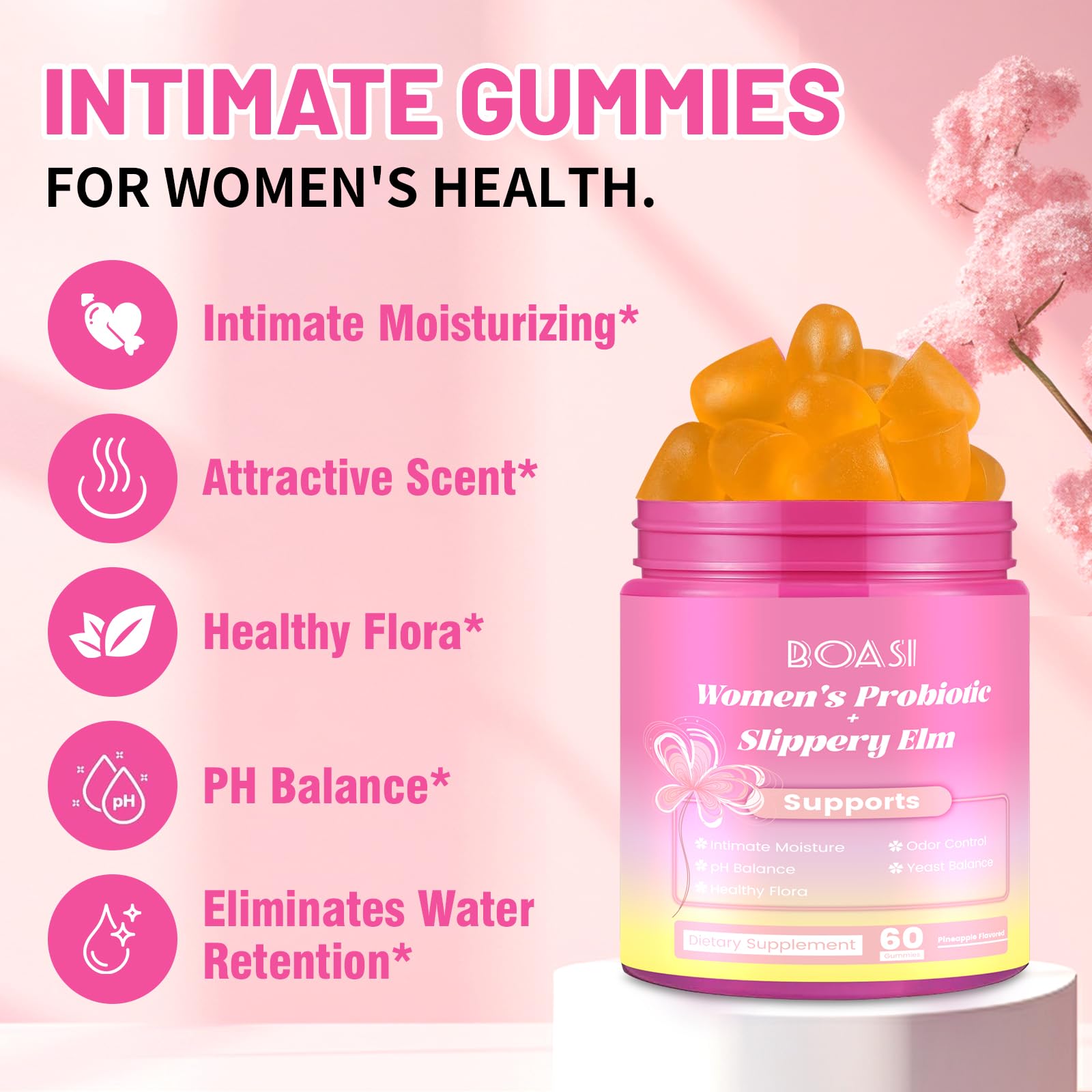Boasi Women's Probiotics Slippery Elm Gummies,Her Juicy PH Balance,Vaginal Feminine Probiotics Pineapple Gummies,Digestive,Immune Health Boasi buy supplements canada