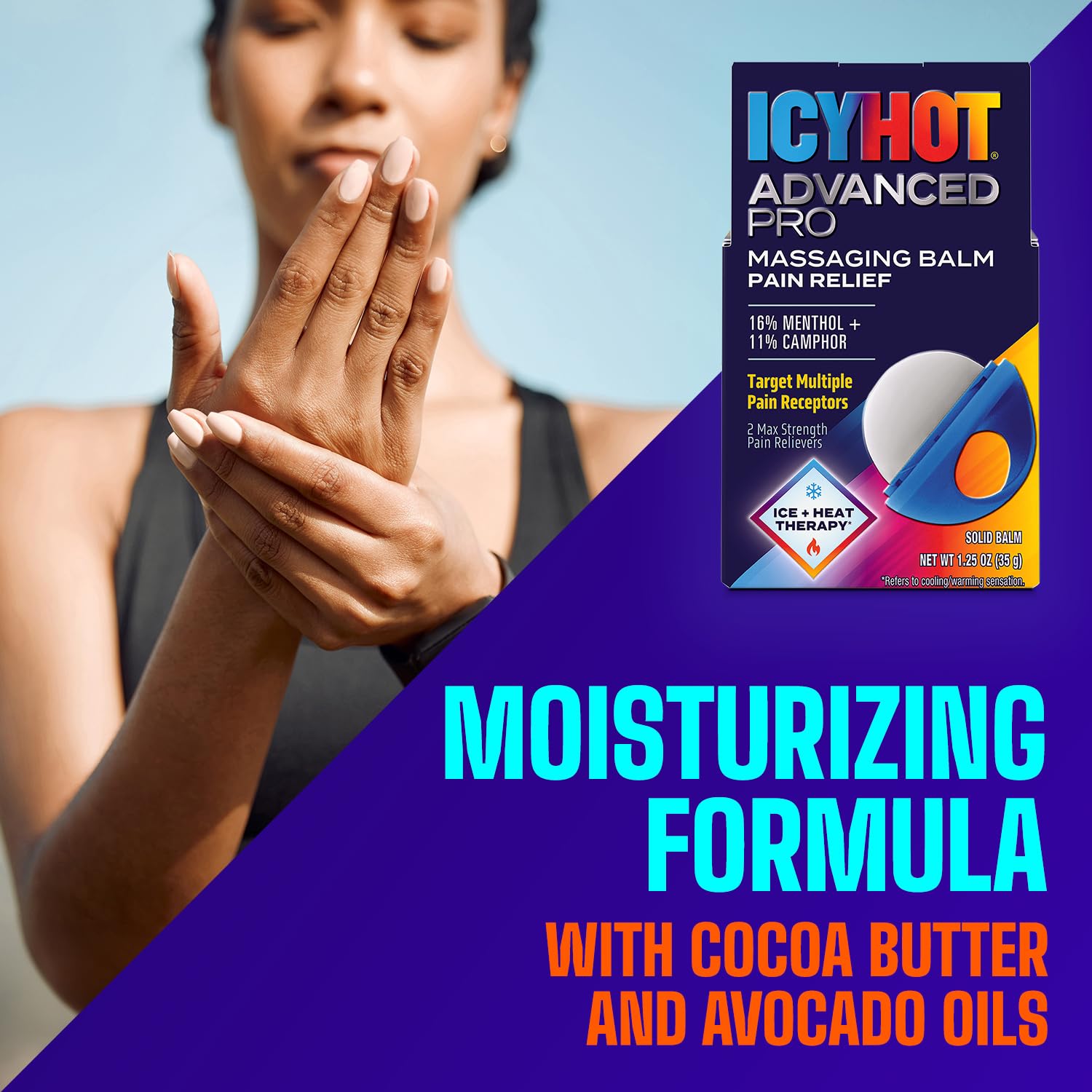 Icy Hot Advanced PRO Pain Relief Massaging Balm, Fast-Acting Max Strength Pain Relief With Menthol 16% and Camphor 11% for Backaches, Joints, Muscle Strains and Arthritis, Essential Oil Scent, 1.25 oz Icy Hot buy supplements canada