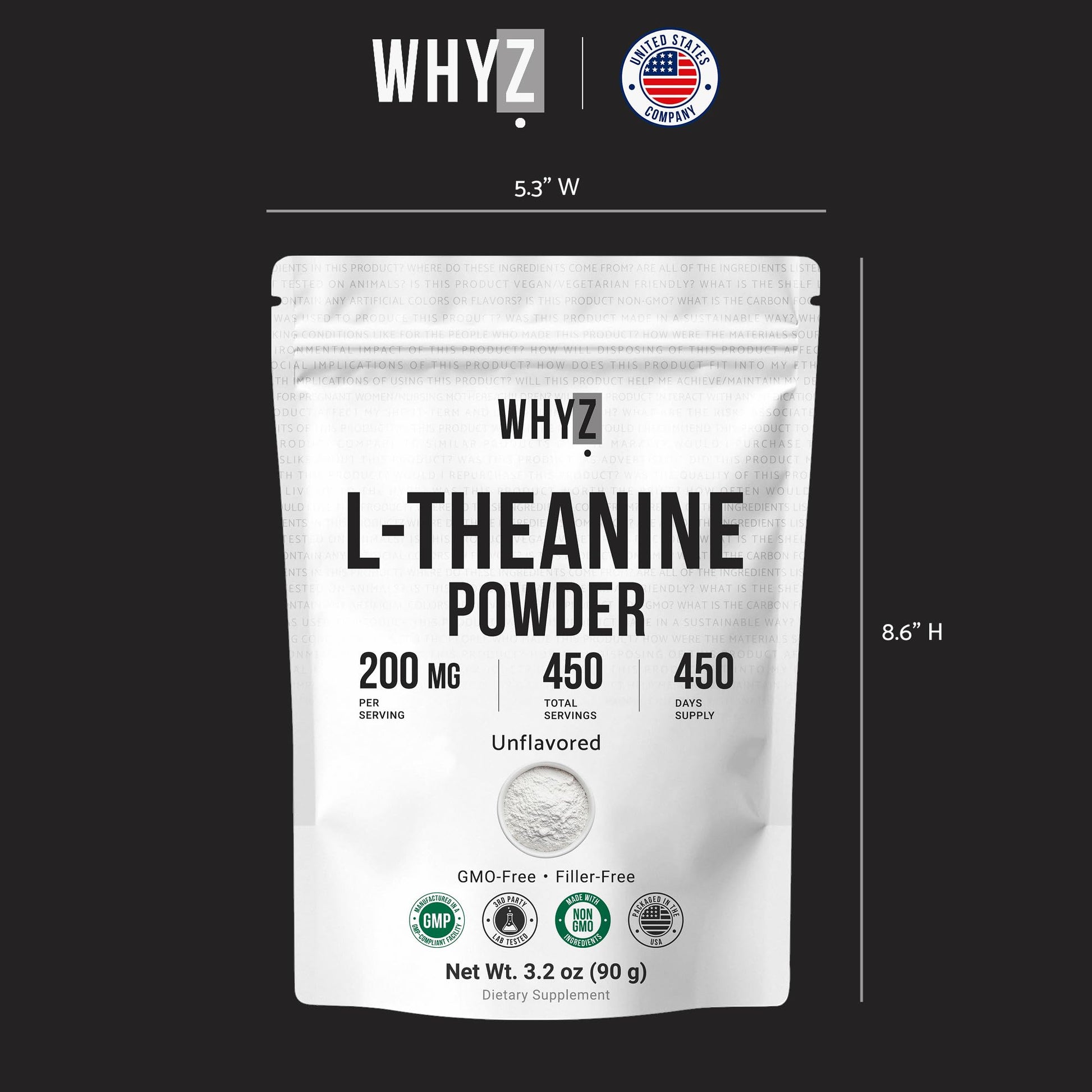 Pure L-Theanine Powder Unflavored Amino Acid Supplement Powder from Fine L-Theanine for Smooth Mixing Vegan Friendly Non-GMO No-Additives for Smoothies Drinks and Daily Nutrition Support, 3.2 oz (90g) WHYZ buy supplements canada