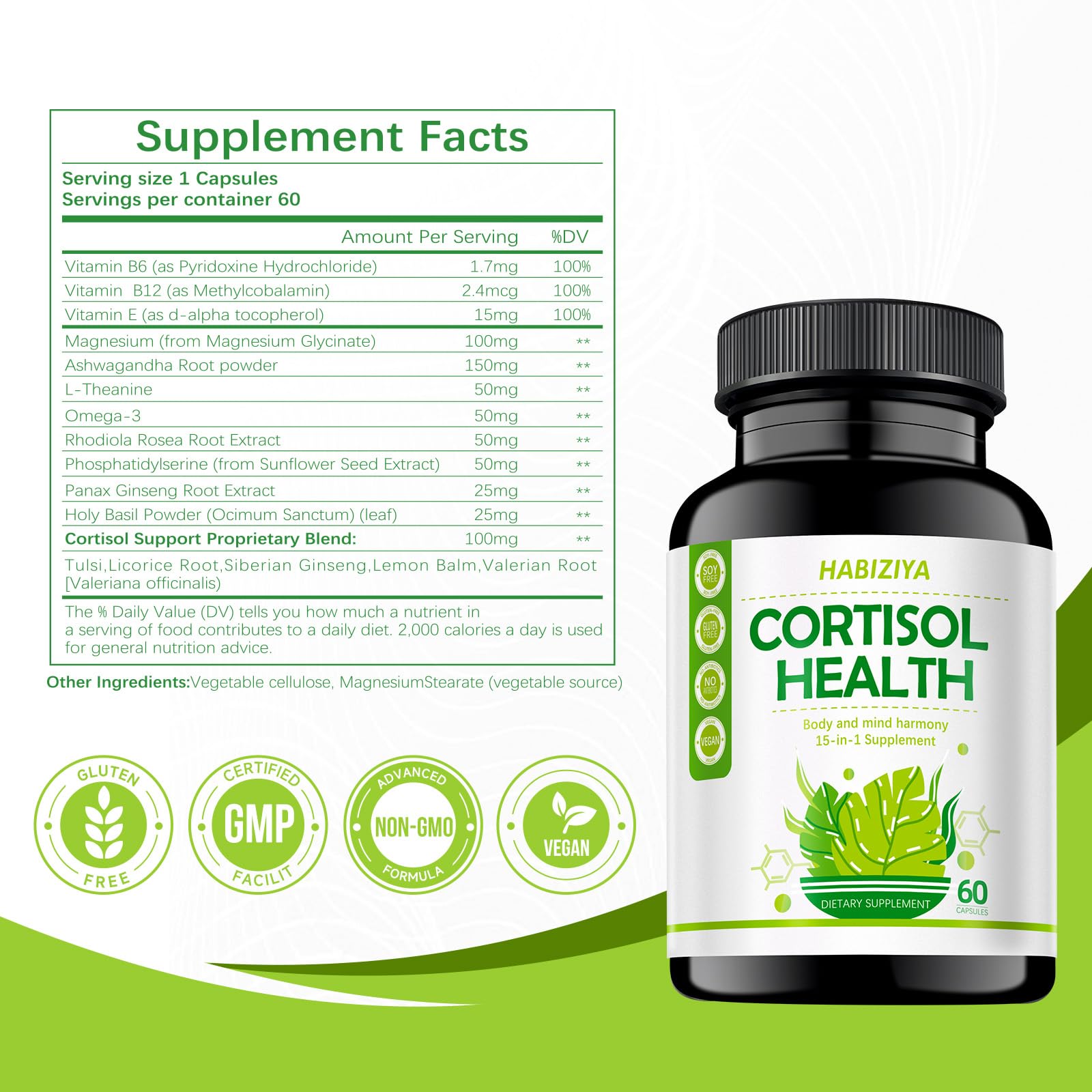 HABIZIYA Cortisol Manager Supplement for Women and Men Adrenal Support with Ashwagandha, Rhodiola Rosea, Holy Basil, Mood & Sleep Support - Non-GMO, Vegan Capsules (60 Count) HABIZIYA buy supplements canada