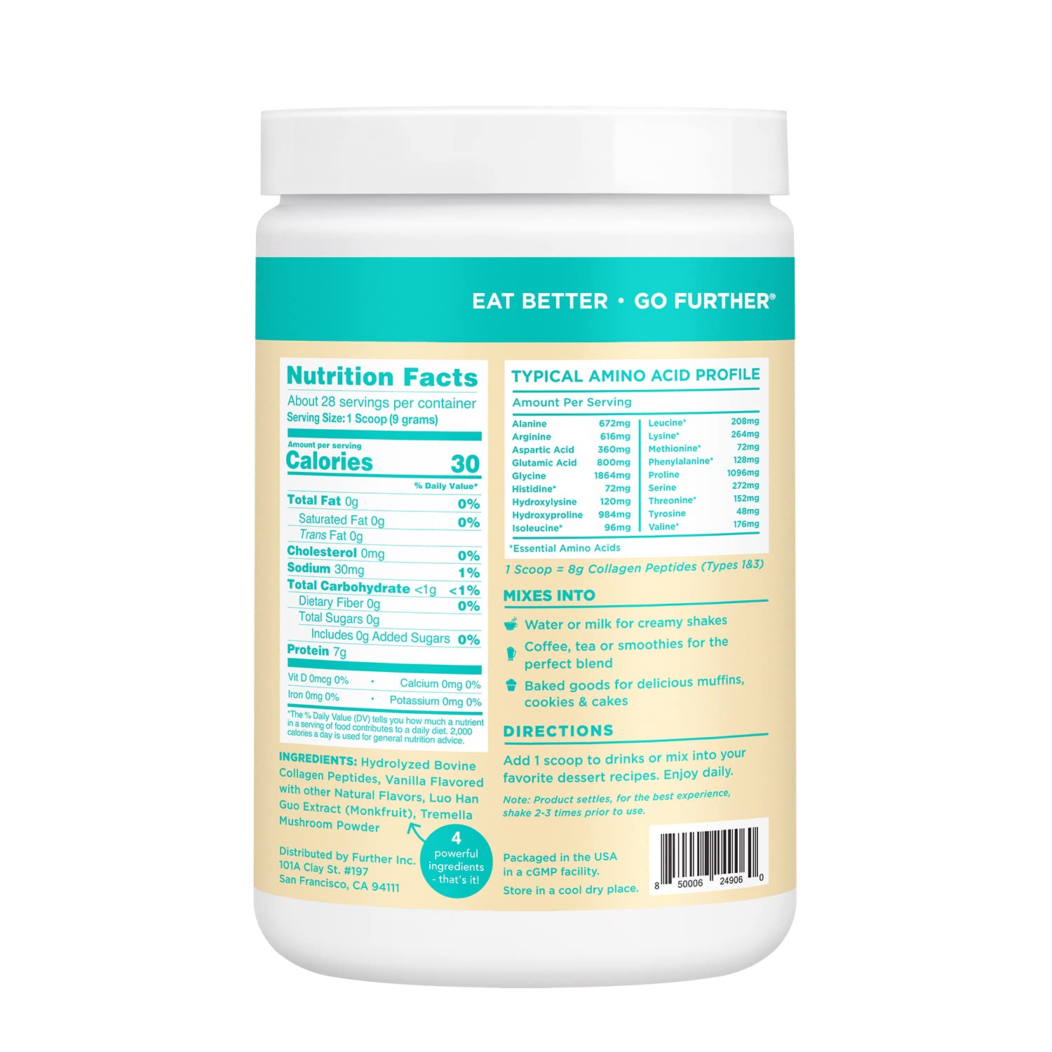 Further Food Collagen Peptides Powder Vanilla Flavored Keto Grass-Fed Collagen Type Further Food buy supplements canada